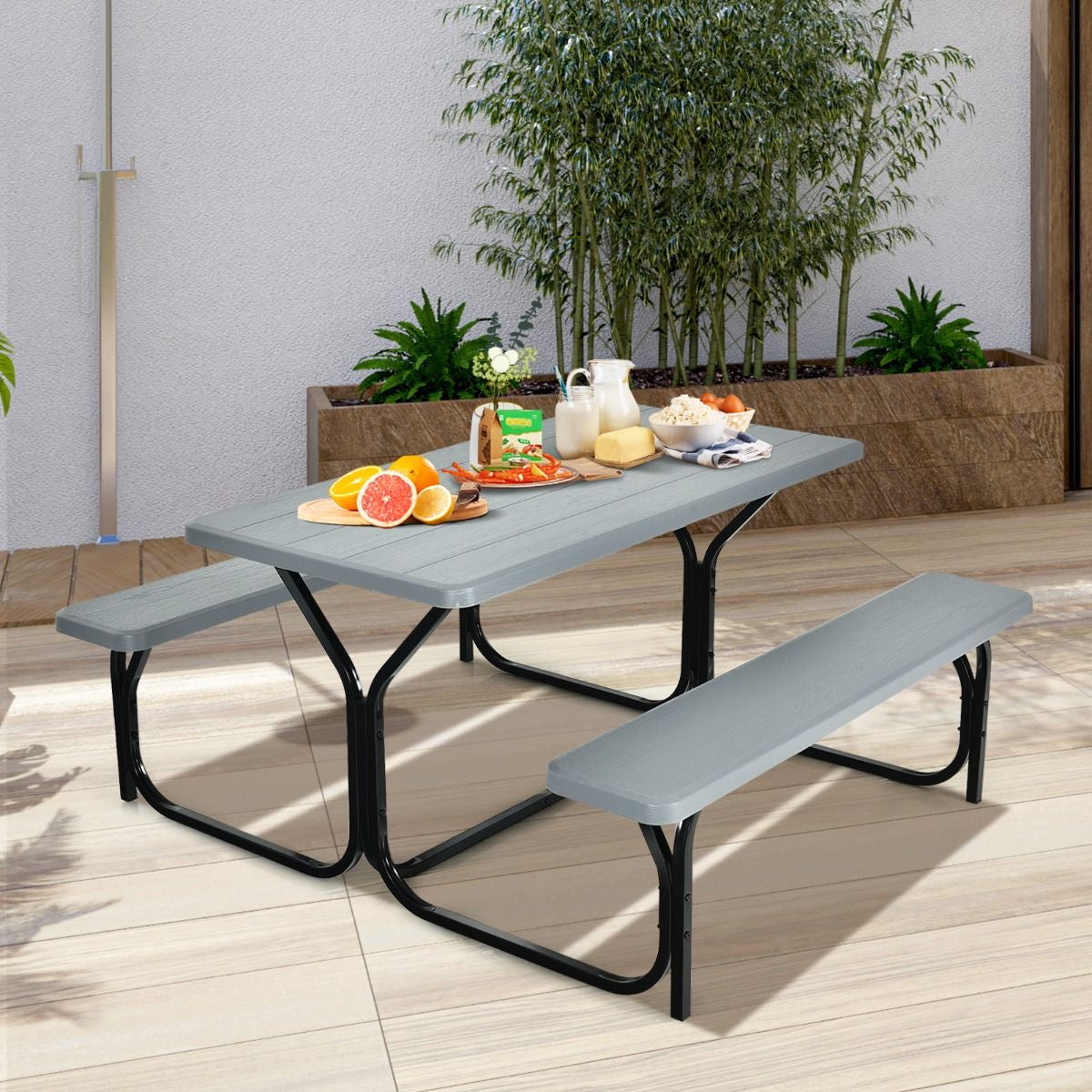 Table De Jardin Avec 2 Banc Table De Pique-Nique/Camping Pour 4 À 6 Personnes 137 X 150 X 71Cm Noir/Gris/Blanc
