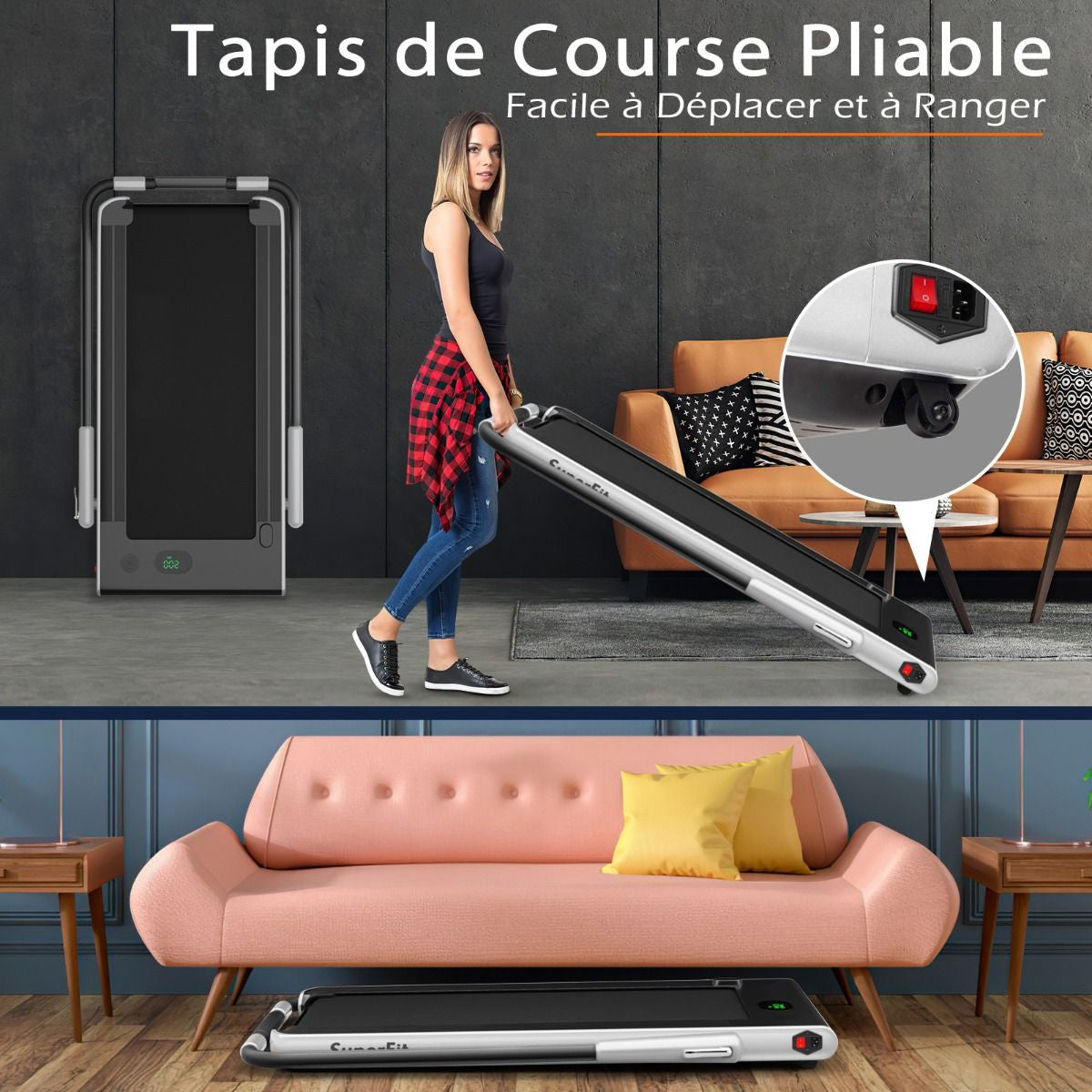 Tapis De Course Pliable 2 En 1 Tapis Roulant Électrique Motorisé 1-12 KM/H Avec Télécommande Écran LED 7 Couleurs Aux Choix