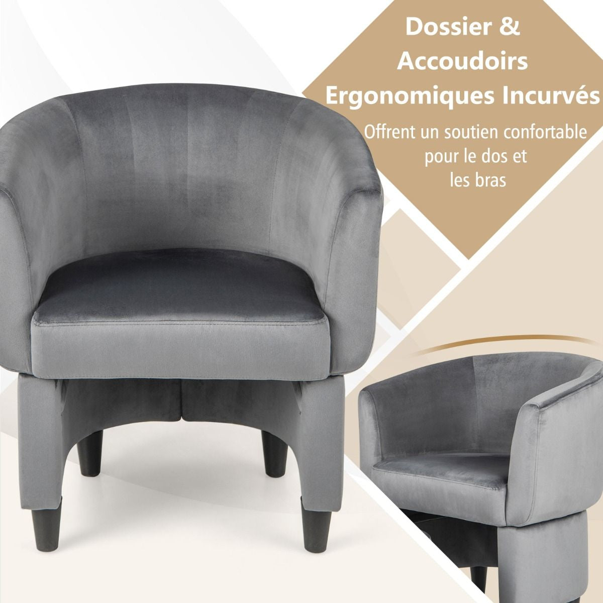 Fauteuil Tonneau Rembourré En Velours Avec Repose-Pieds Fauteuil D'Appoint Avec Pouf Cadre En Bois Massif Patins Beige/Gris