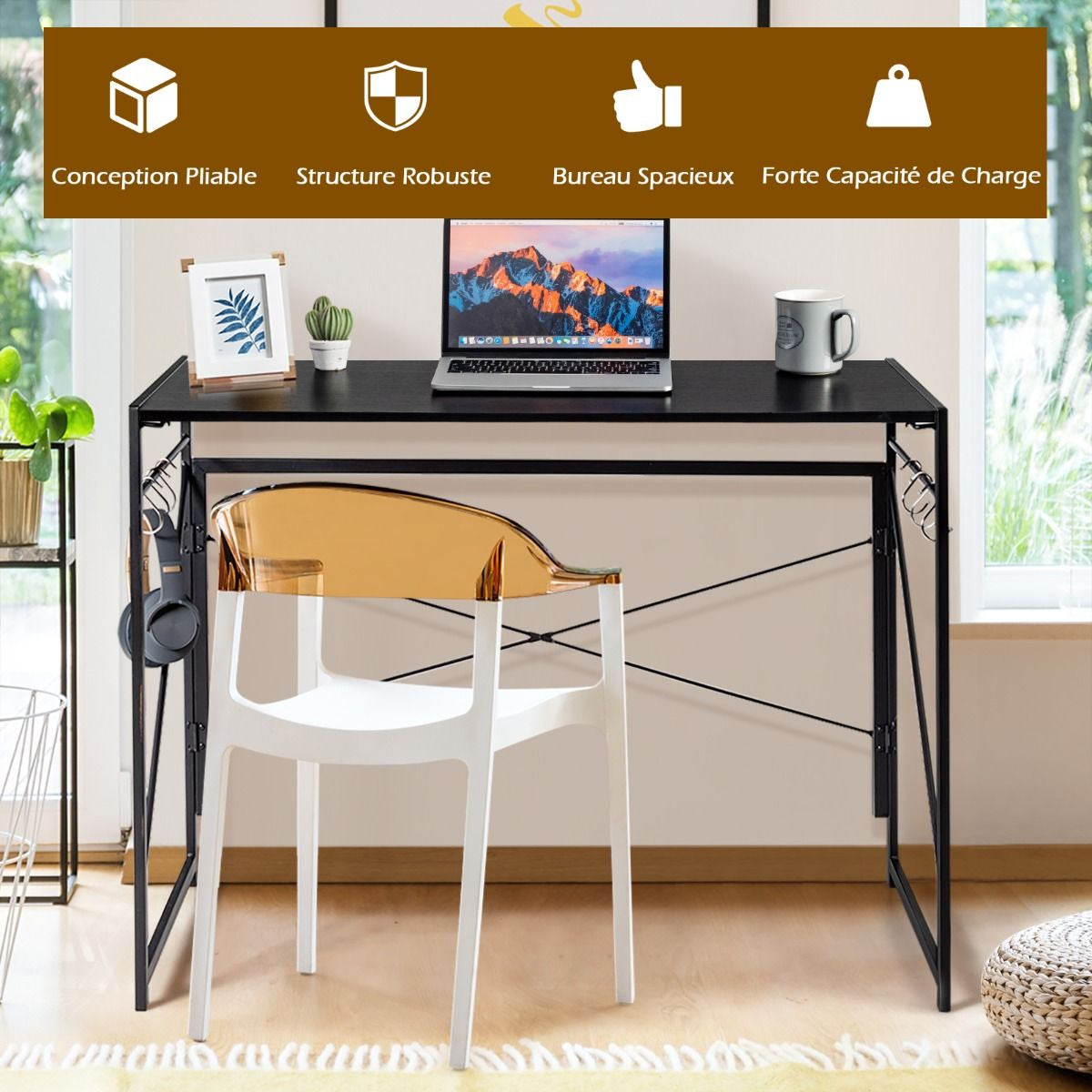 Bureau D'Ordinateur Pliant 100X50X75 Cm Table De Bureau Cadre En Métal 6 Crochets En Forme De S Style Industriel Capacité 115Kg Noir/Café/Marron