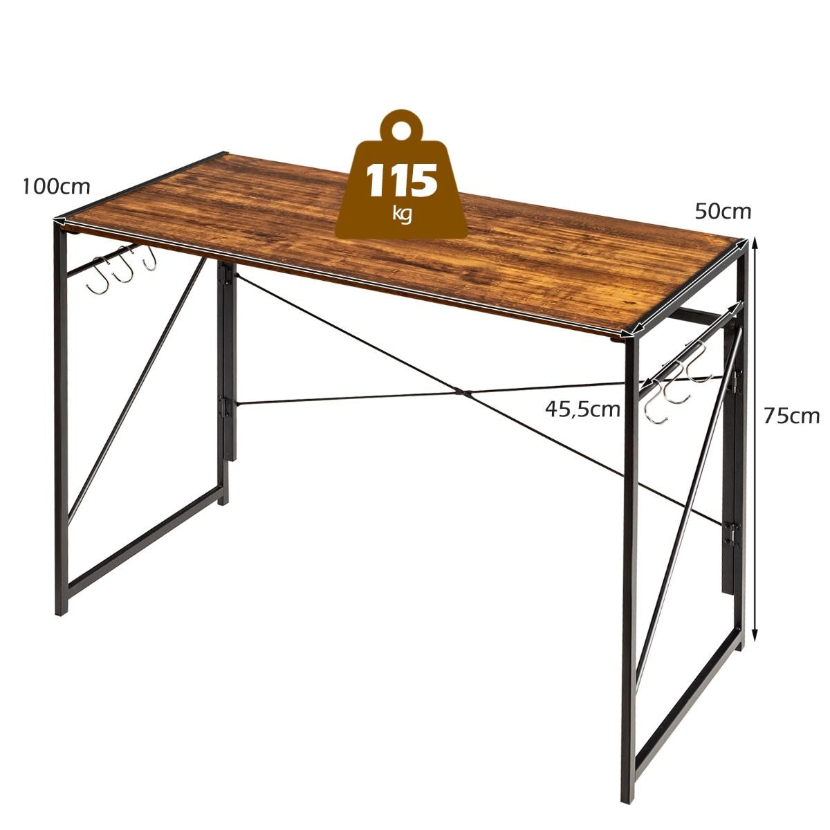 Bureau D'Ordinateur Pliant 100X50X75 Cm Table De Bureau Cadre En Métal 6 Crochets En Forme De S Style Industriel Capacité 115Kg Noir/Café/Marron