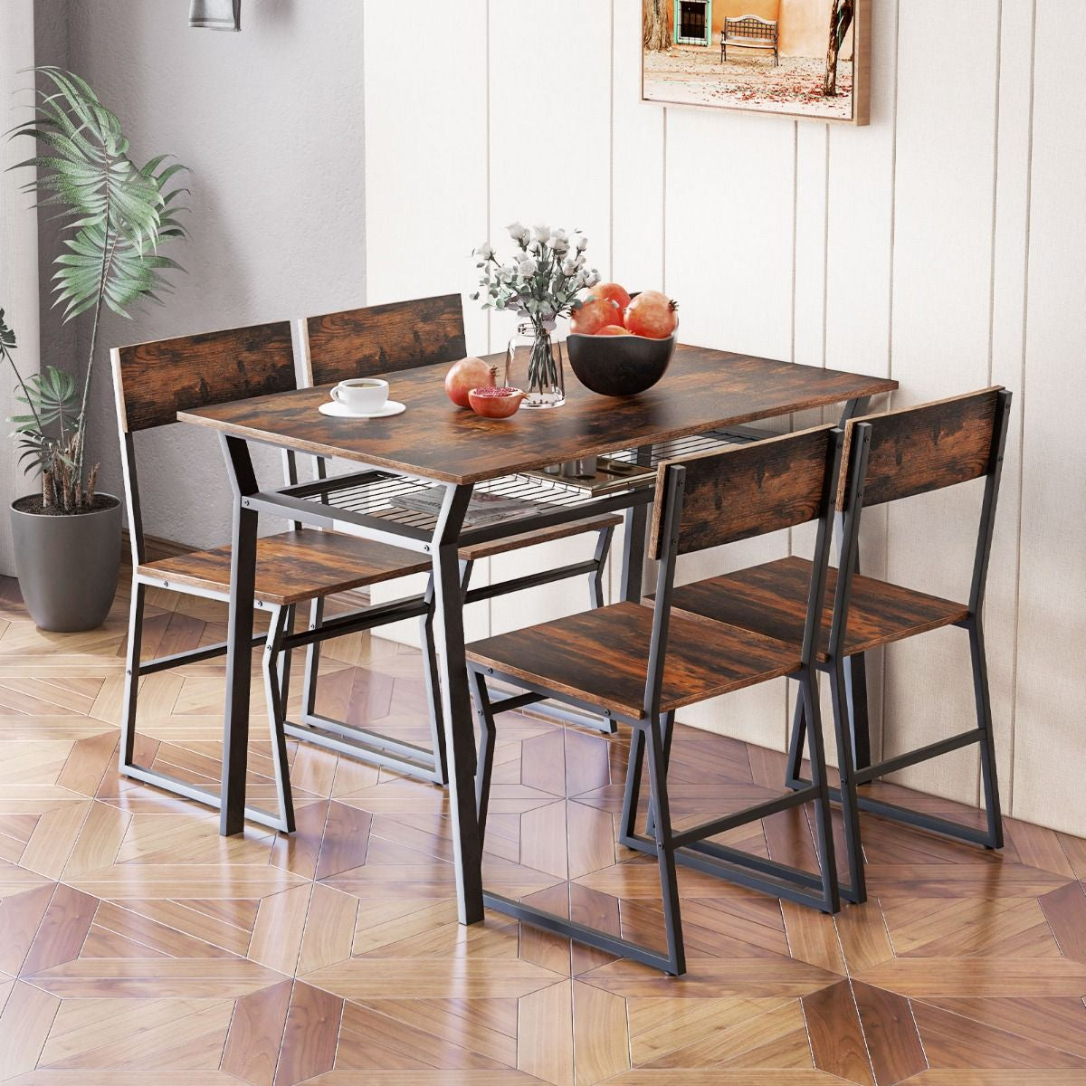 Ensemble De Table À Manger 5 Pièces Table De Cuisine Rectangulaire Industrielle Avec 4 Chaises Étagère De Rangement Cadre En Métal Ensemble Marron Rustique/Gris
