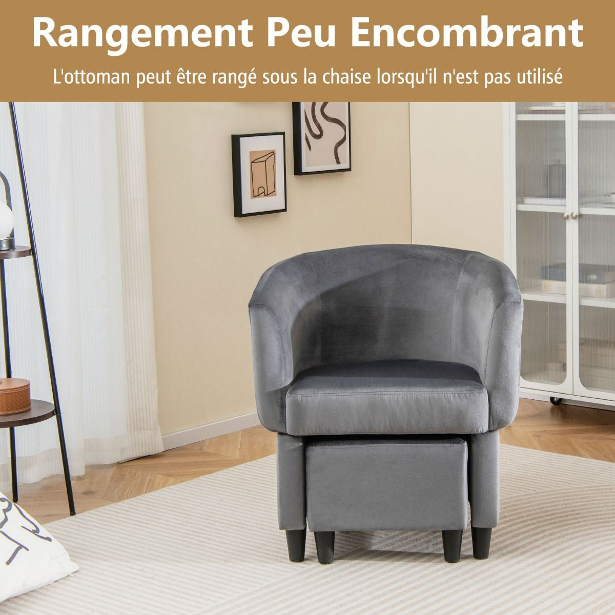 Fauteuil Tonneau Rembourré En Velours Avec Repose-Pieds Fauteuil D'Appoint Avec Pouf Cadre En Bois Massif Patins Beige/Gris