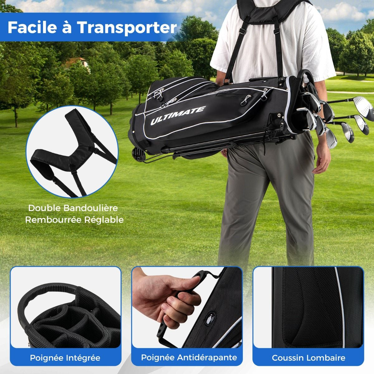 Ensemble De Clubs De Golf 9 Pièces Pour Débutant Avec Sac Trépied Conception Ergonomiqu En Métal Robuste Bleu/Gris/Noir