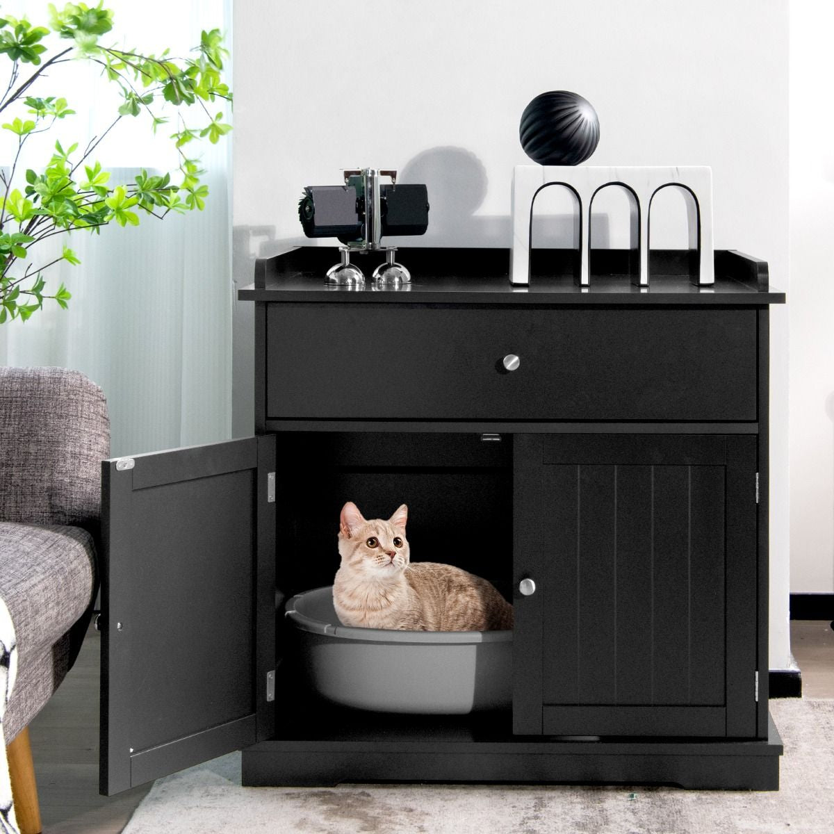 Enceinte De Bac À Litière Pour Chat Meubles De Toilette Cachés Pour Chat Avec Tiroir Et 2 Portes Table D'Appoint Pour Chat Blanc/Noir