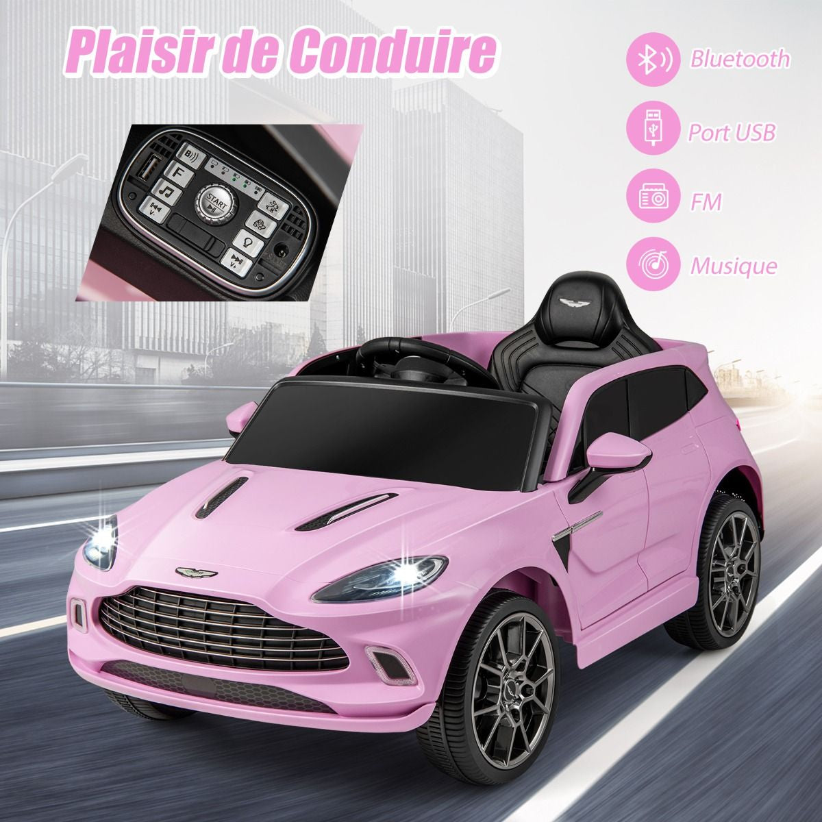 Aston Martin DBX Voiture Electrique 12V Enfants Avec Télécommande 2,4G Véhicule Moderne Avec Lumières LED Et Musique Pour 3-8 Ans Rose/Blanc
