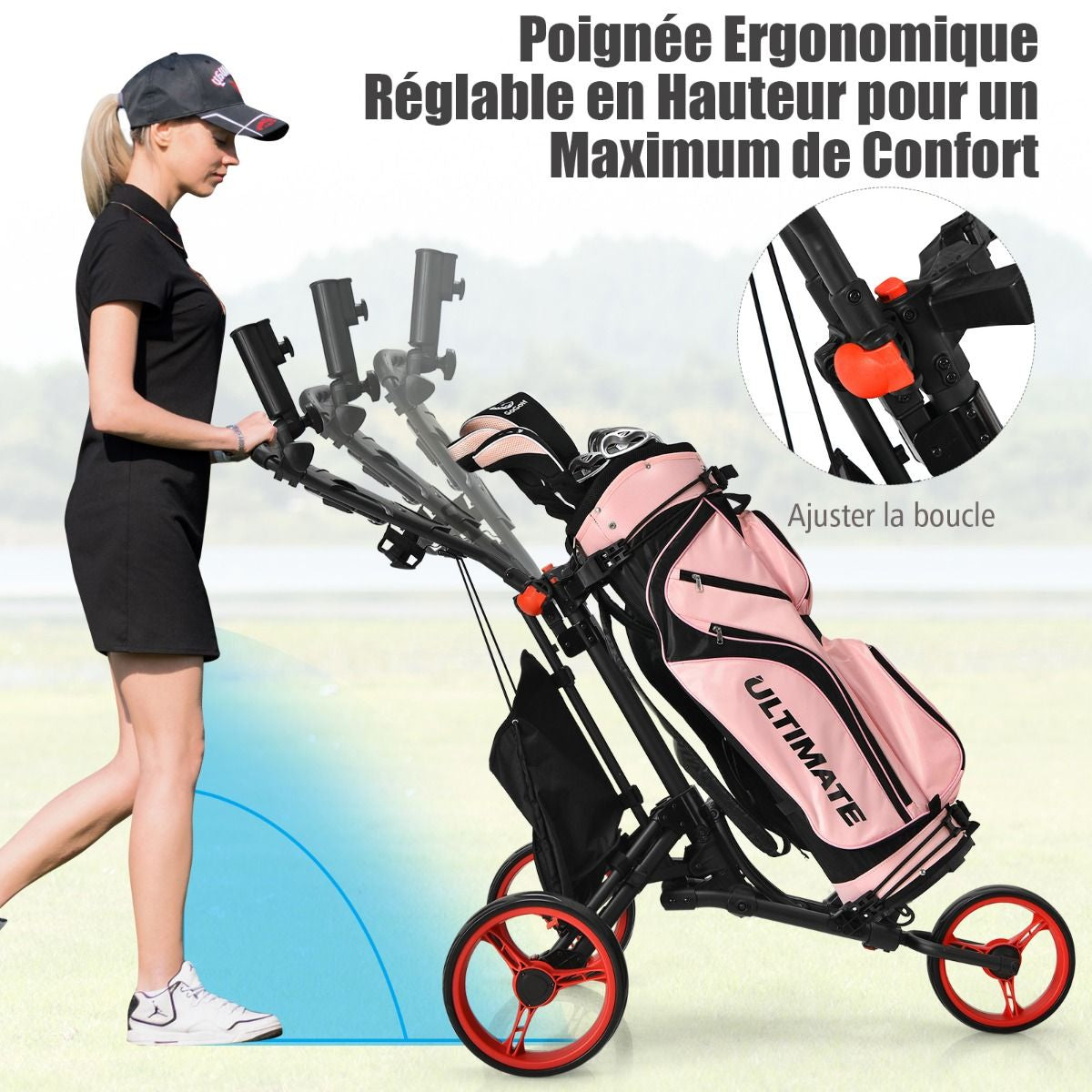 Chariot De Golf Pliable À 3 Roues Sangle Elastique Porte-Parasol Réglable Et Porte-Gobelet Sac Recouvert D'Aluminium Bleu/Gris/Rouge/Vert