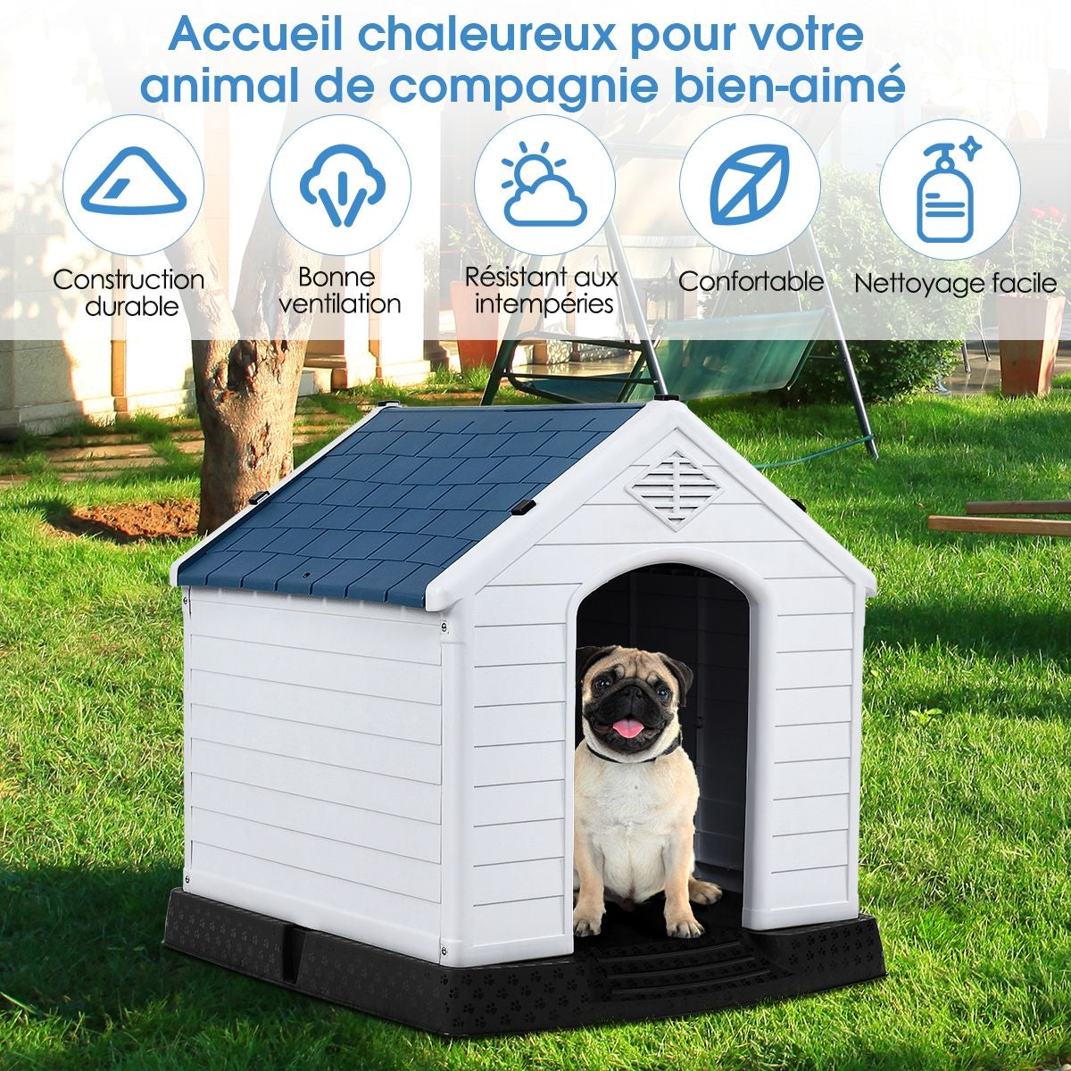 Niche Pour Chien En PP Avec Toit Bleu+Blanc Imperméable Et Ventilé-Bouche D’Aération Et Plancher Surélever 70X65X71,5Cm Taill S/M