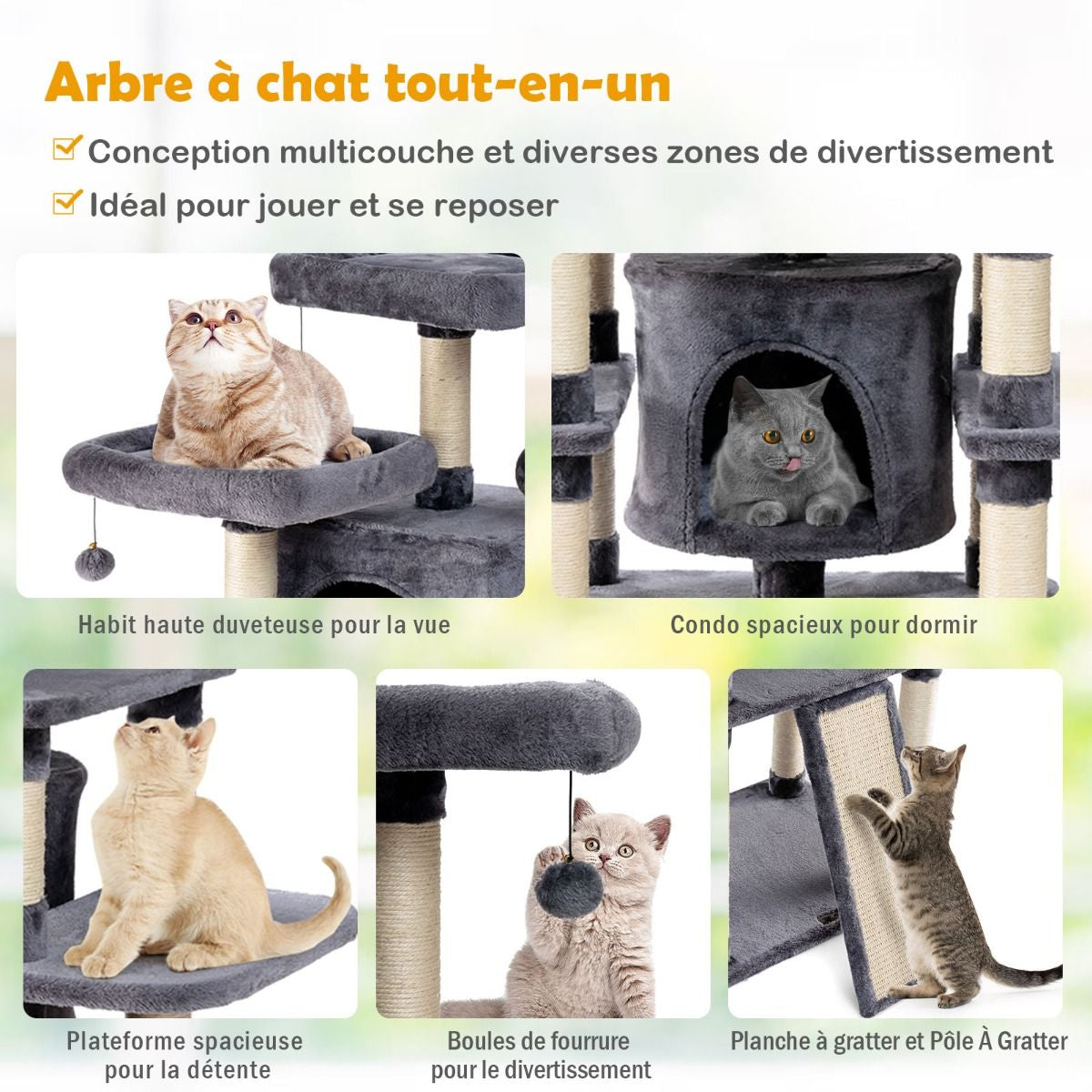 Arbre À Chat Griffoir 60X50X170 Cm Avec Poteaux Planche À Gratter 3 Perchoirs En Peluche 2 Niches 3 Peluches Suspendues