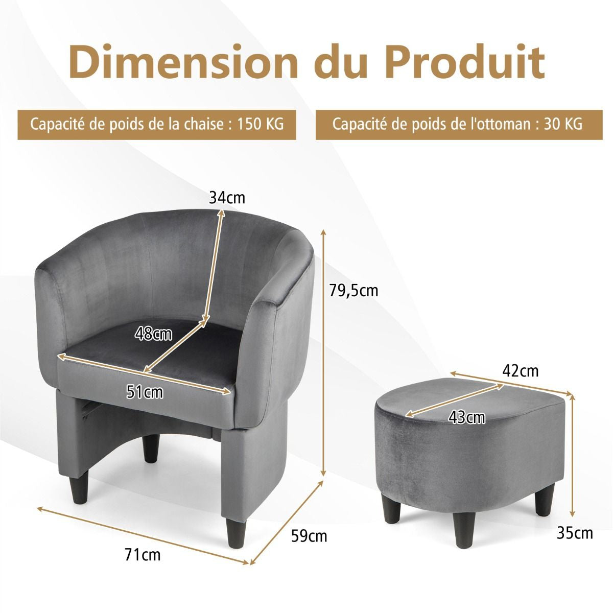 Fauteuil Tonneau Rembourré En Velours Avec Repose-Pieds Fauteuil D'Appoint Avec Pouf Cadre En Bois Massif Patins Beige/Gris