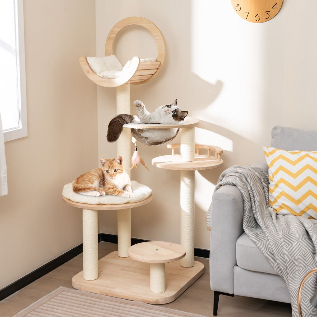 Arbre À Chat 146 Cm En Blocs De Construction Tour À Chat En Bois Chêne 4 En 1 Avec Condo & Hublot Griffoir En Sisal Plateforme Rembourrée
