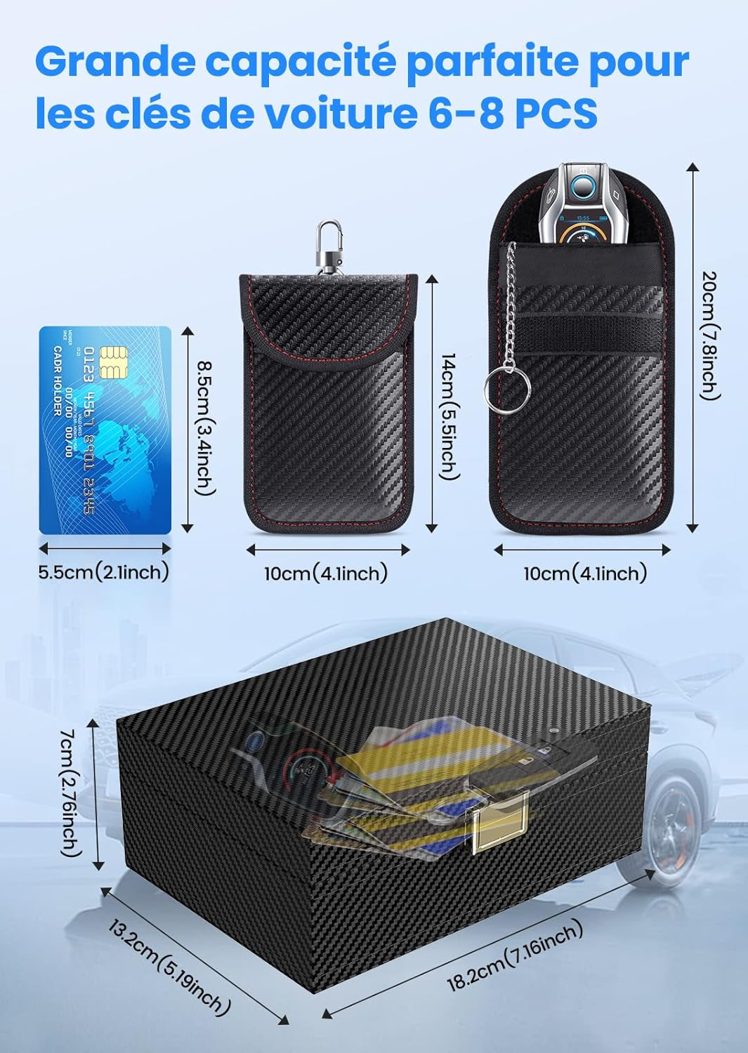 Boîte anti RFID Clé Voiture Ensemble Avec Etui RFID, Boitier Blocage Signal RFID Protection De Sécurité Clé Télécommande Voiture Keyless Go Contre Piratage À Distance - L