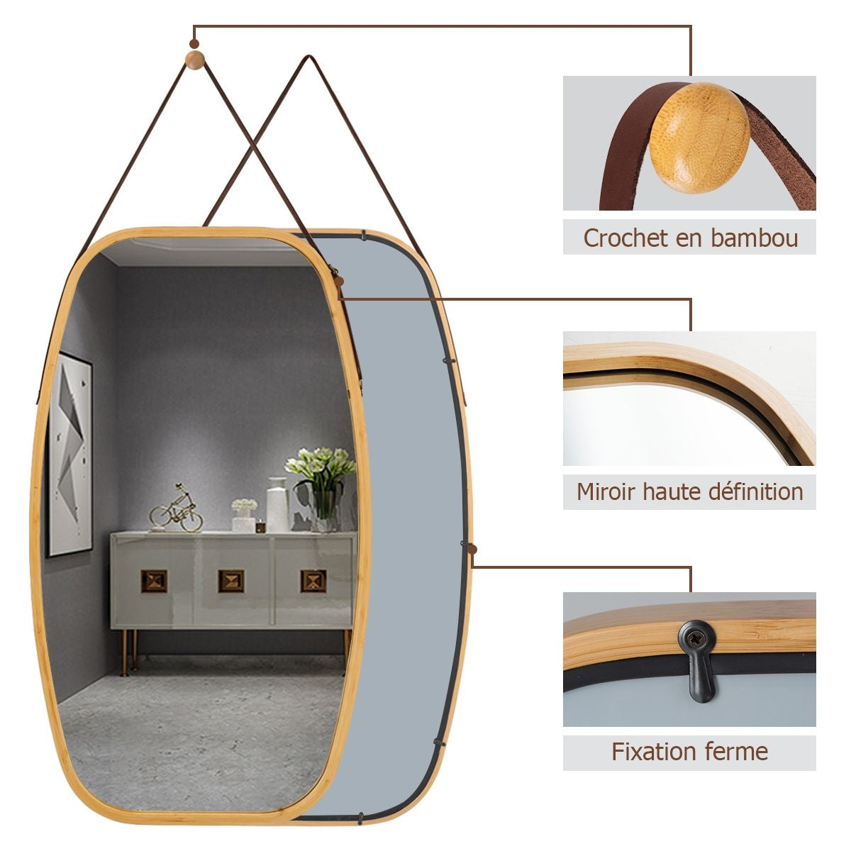 Miroir Mural Suspendu Avec Cadre En Bambou Et Sangle En Cuir Réglable Coin Arrondi 77 X 44 X 1,5Cm