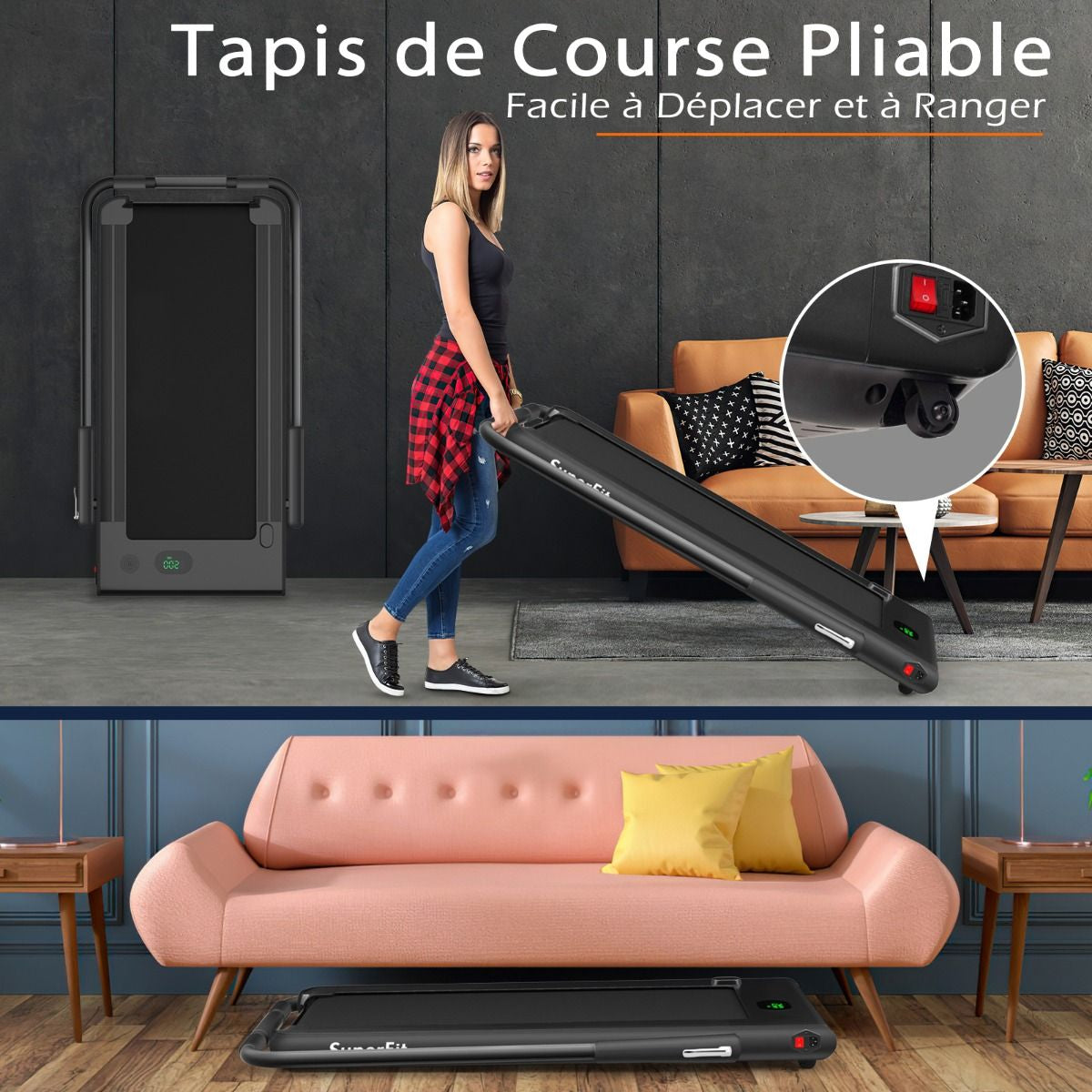 Tapis De Course Pliable 2 En 1 Tapis Roulant Électrique Motorisé 1-12 KM/H Avec Télécommande Écran LED 7 Couleurs Aux Choix