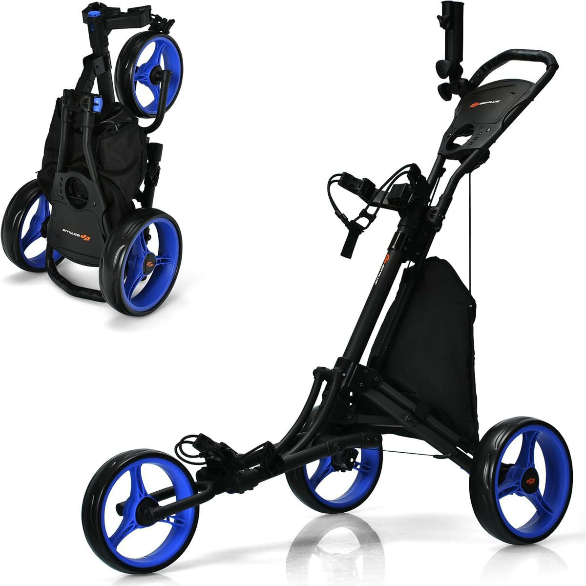 Chariot De Golf Pliable À 3 Roues Sangle Elastique Porte-Parasol Réglable Et Porte-Gobelet Sac Recouvert D'Aluminium Bleu/Gris/Rouge/Vert