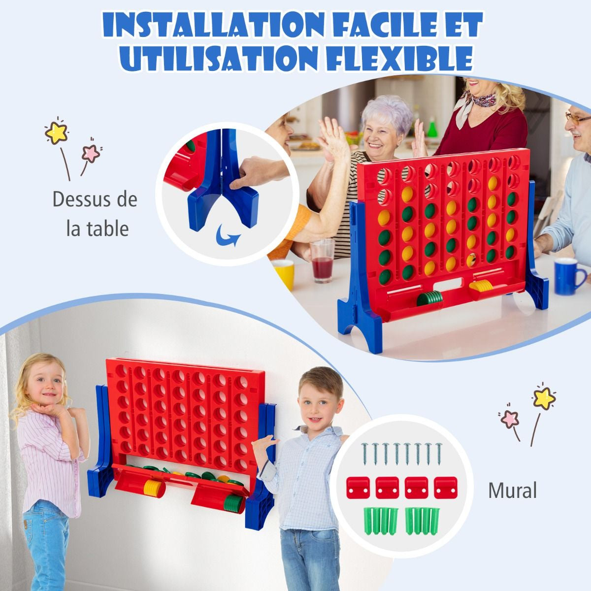 Jeux Puissance 4 Géant Mural Avec 42 Jetons Jeu De Société Ludique & Éducatif Avec 2 Plateaux Utilisation 62X20X48,5Cm Bleu/Rouge