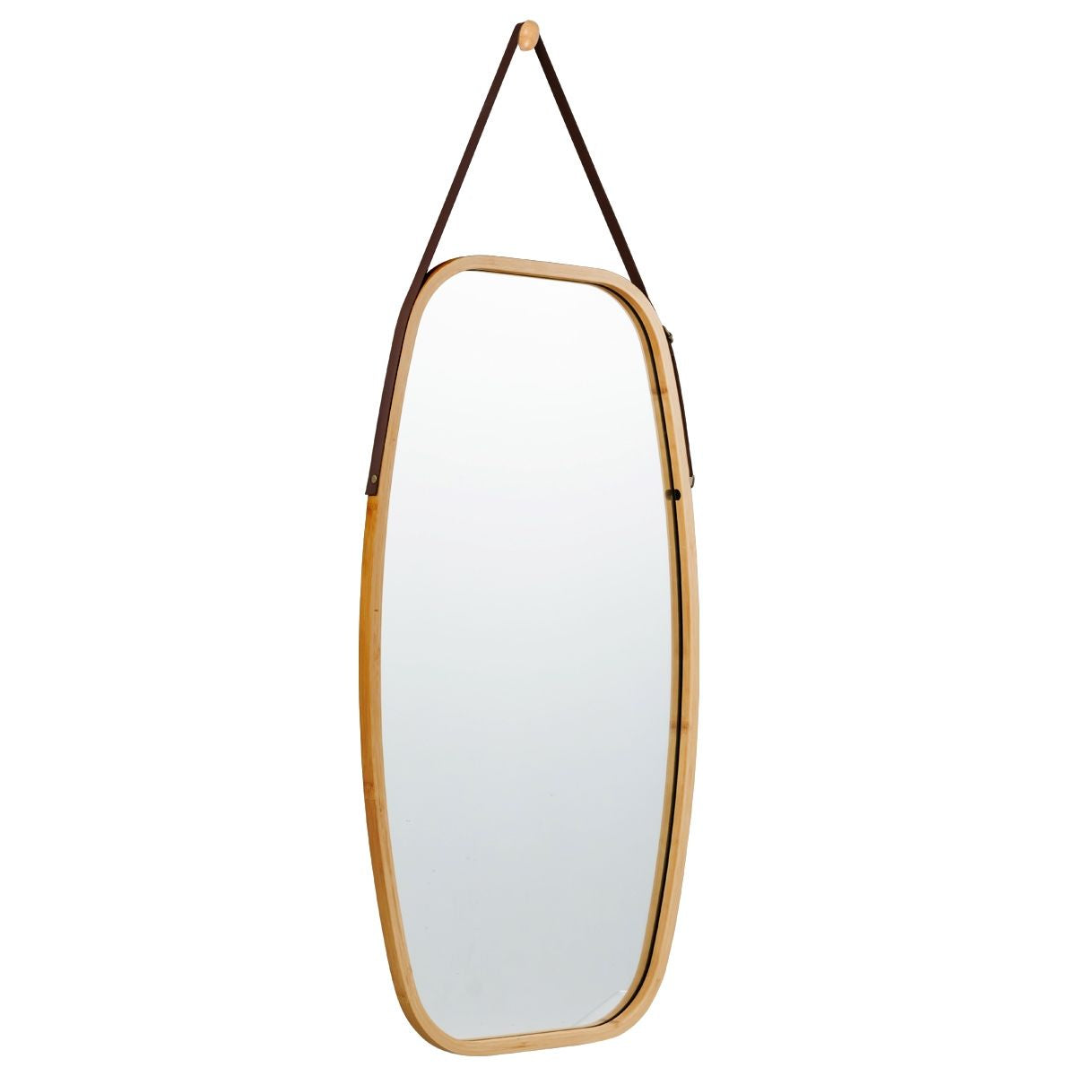 Miroir Mural Suspendu Avec Cadre En Bambou Et Sangle En Cuir Réglable Coin Arrondi 77 X 44 X 1,5Cm
