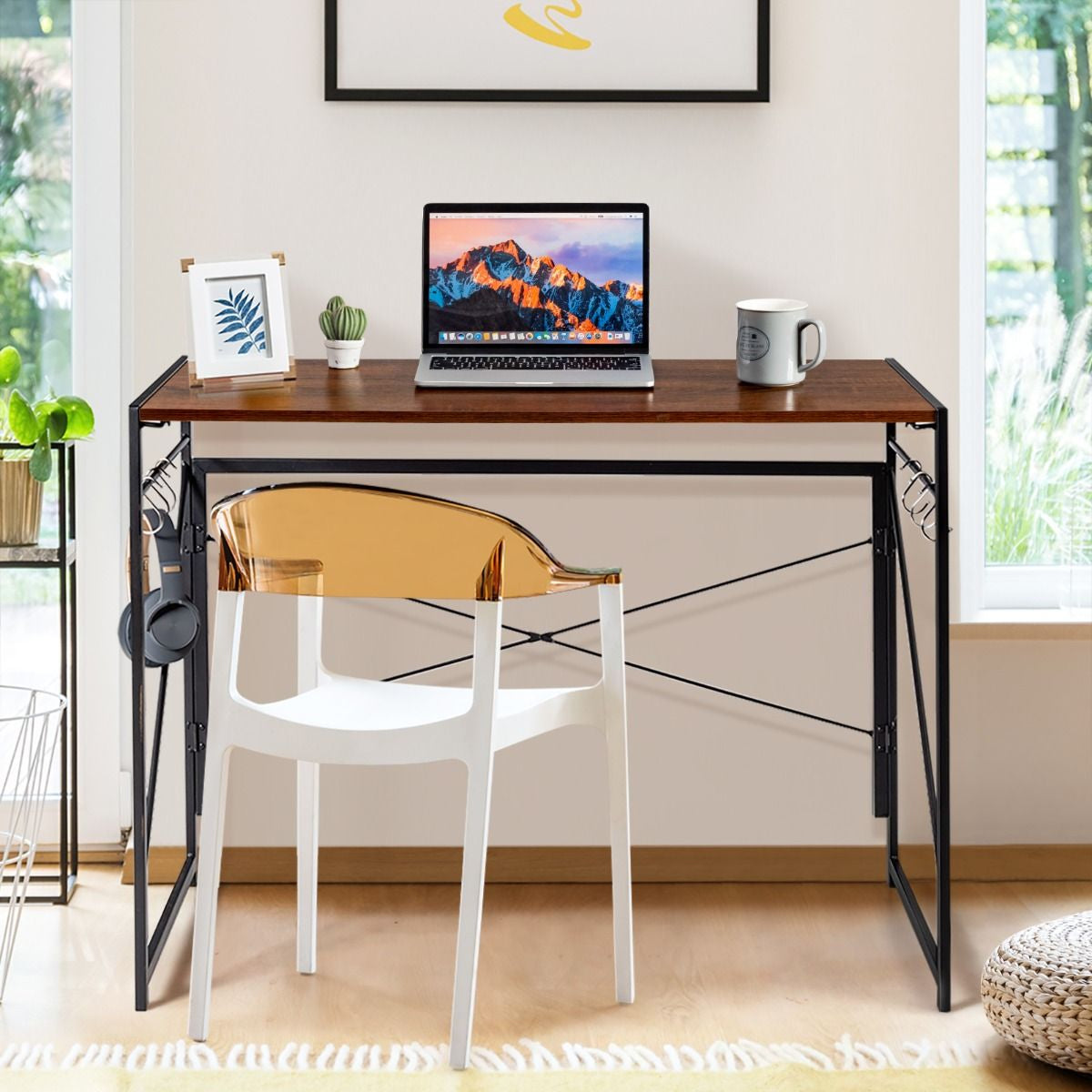 Bureau D'Ordinateur Pliant 100X50X75 Cm Table De Bureau Cadre En Métal 6 Crochets En Forme De S Style Industriel Capacité 115Kg Noir/Café/Marron