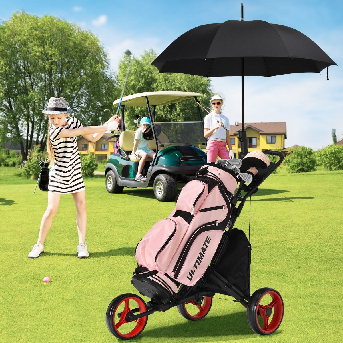 Chariot De Golf Pliable À 3 Roues Sangle Elastique Porte-Parasol Réglable Et Porte-Gobelet Sac Recouvert D'Aluminium Bleu/Gris/Rouge/Vert