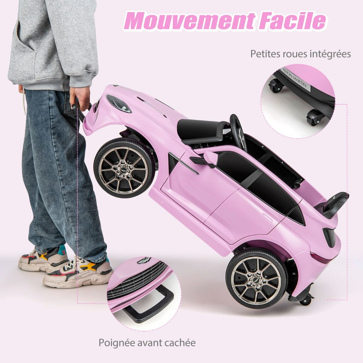 Aston Martin DBX Voiture Electrique 12V Enfants Avec Télécommande 2,4G Véhicule Moderne Avec Lumières LED Et Musique Pour 3-8 Ans Rose/Blanc