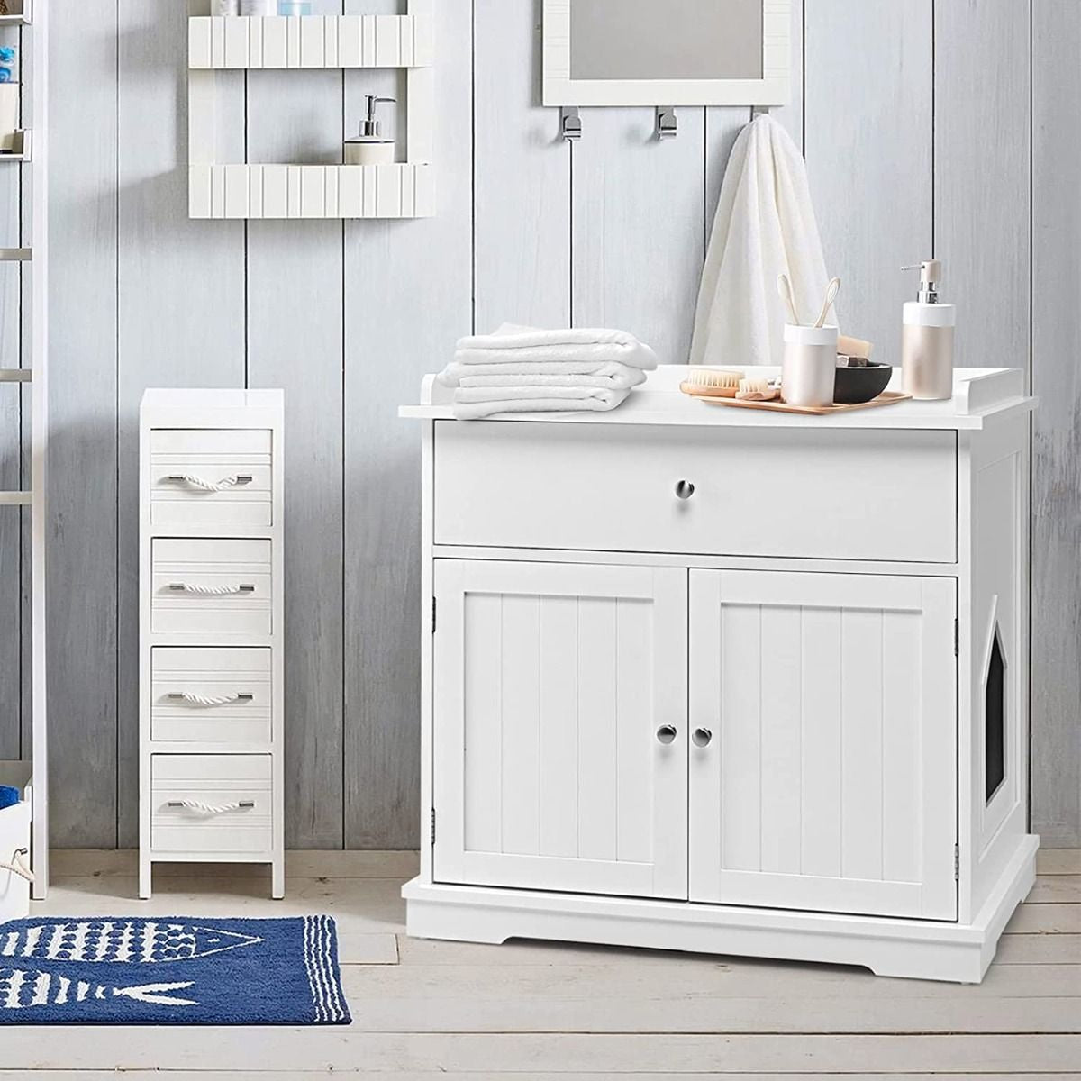 Enceinte De Bac À Litière Pour Chat Meubles De Toilette Cachés Pour Chat Avec Tiroir Et 2 Portes Table D'Appoint Pour Chat Blanc/Noir