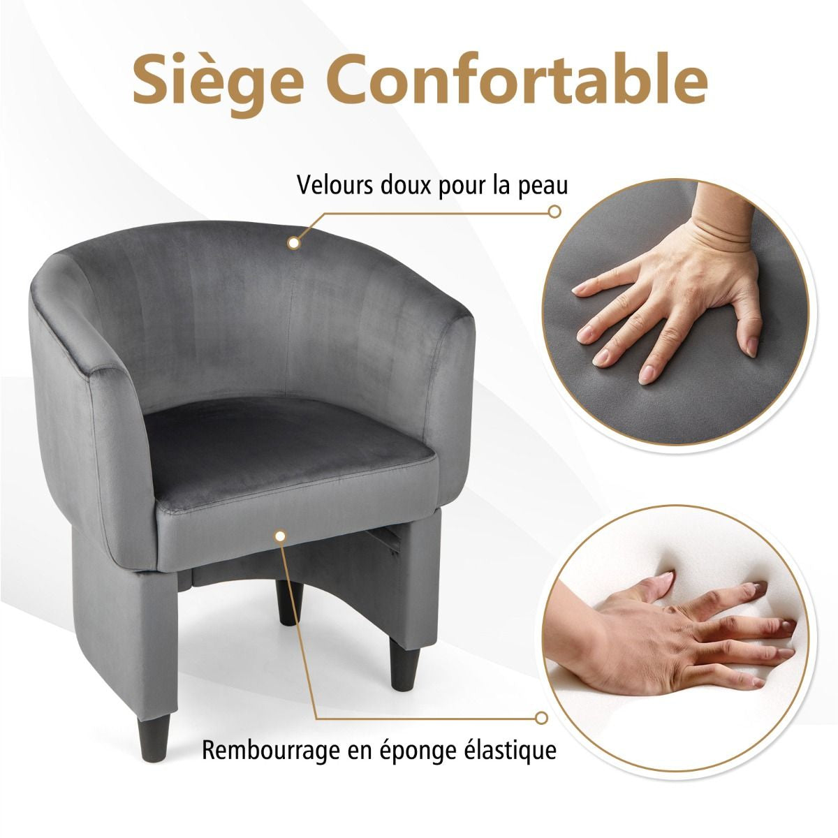 Fauteuil Tonneau Rembourré En Velours Avec Repose-Pieds Fauteuil D'Appoint Avec Pouf Cadre En Bois Massif Patins Beige/Gris