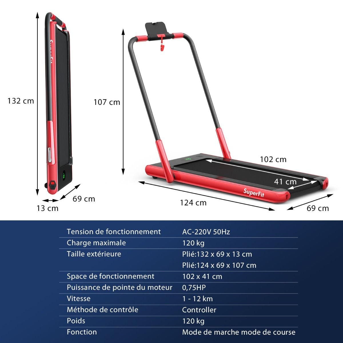 Tapis De Course Pliable 2 En 1 Tapis Roulant Électrique Motorisé 1-12 KM/H Avec Télécommande Écran LED 7 Couleurs Aux Choix