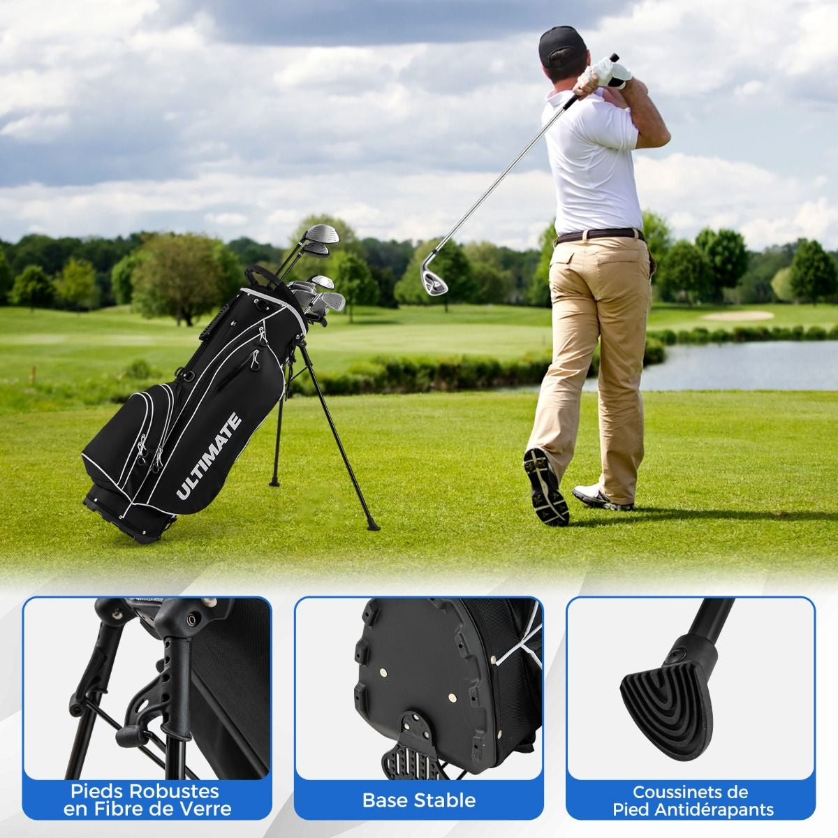 Ensemble De Clubs De Golf 9 Pièces Pour Débutant Avec Sac Trépied Conception Ergonomiqu En Métal Robuste Bleu/Gris/Noir