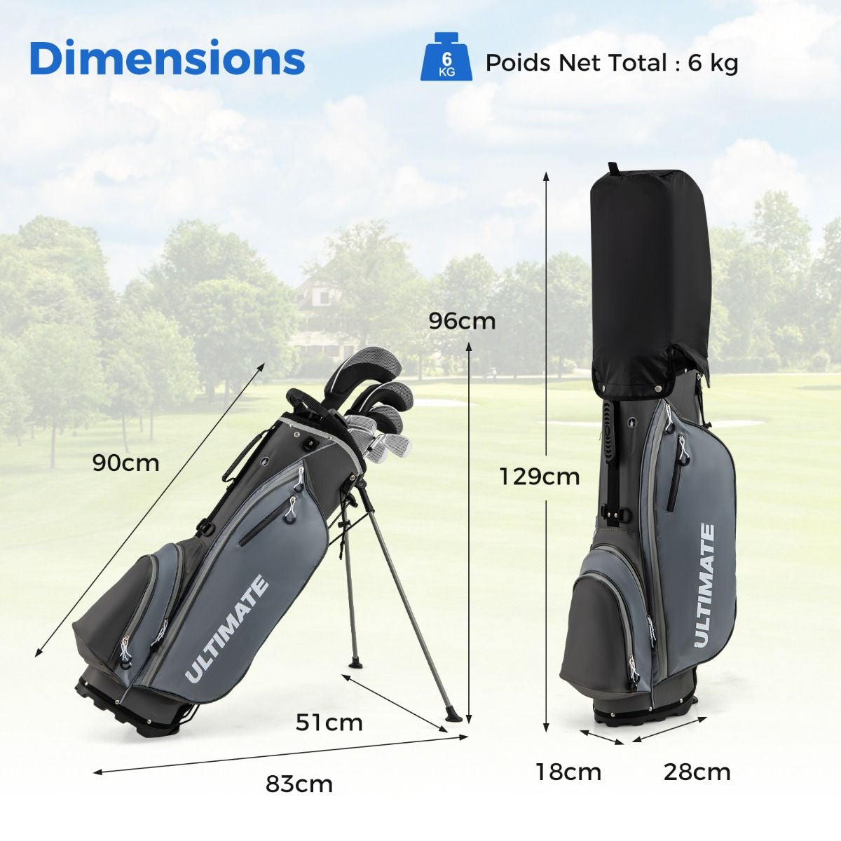 Ensemble De Clubs De Golf 9 Pièces Pour Débutant Avec Sac Trépied Conception Ergonomiqu En Métal Robuste Bleu/Gris/Noir