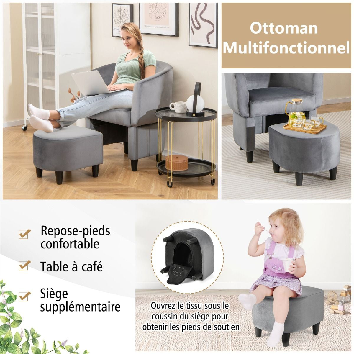Fauteuil Tonneau Rembourré En Velours Avec Repose-Pieds Fauteuil D'Appoint Avec Pouf Cadre En Bois Massif Patins Beige/Gris
