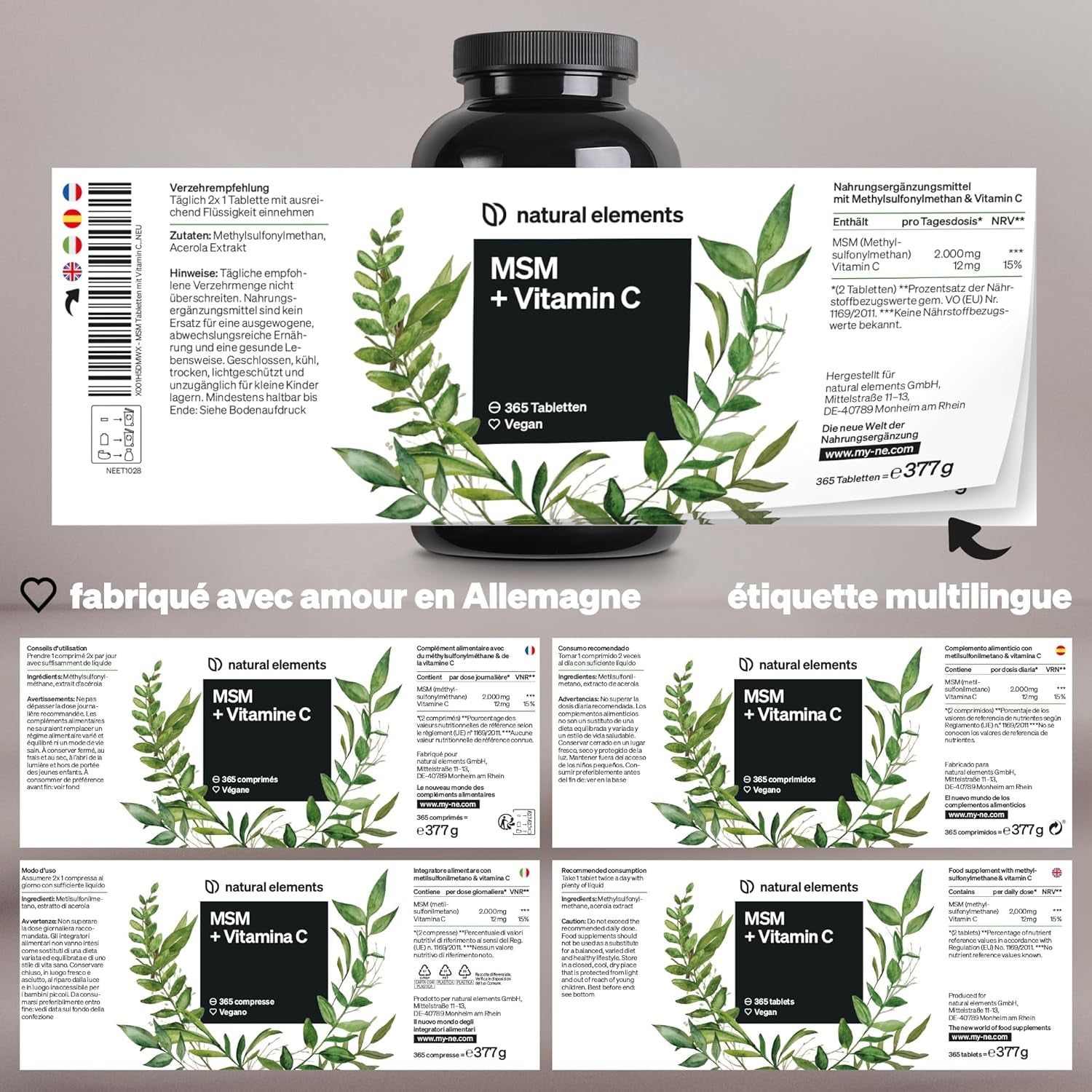 MSM 2000Mg + Vitamine C Naturelle – 365 Comprimés Au Lieu De Gélules – Méthylsulfonylméthane – Hautement Dosé, Végane – Contrôlé En Laboratoire En Allemagne