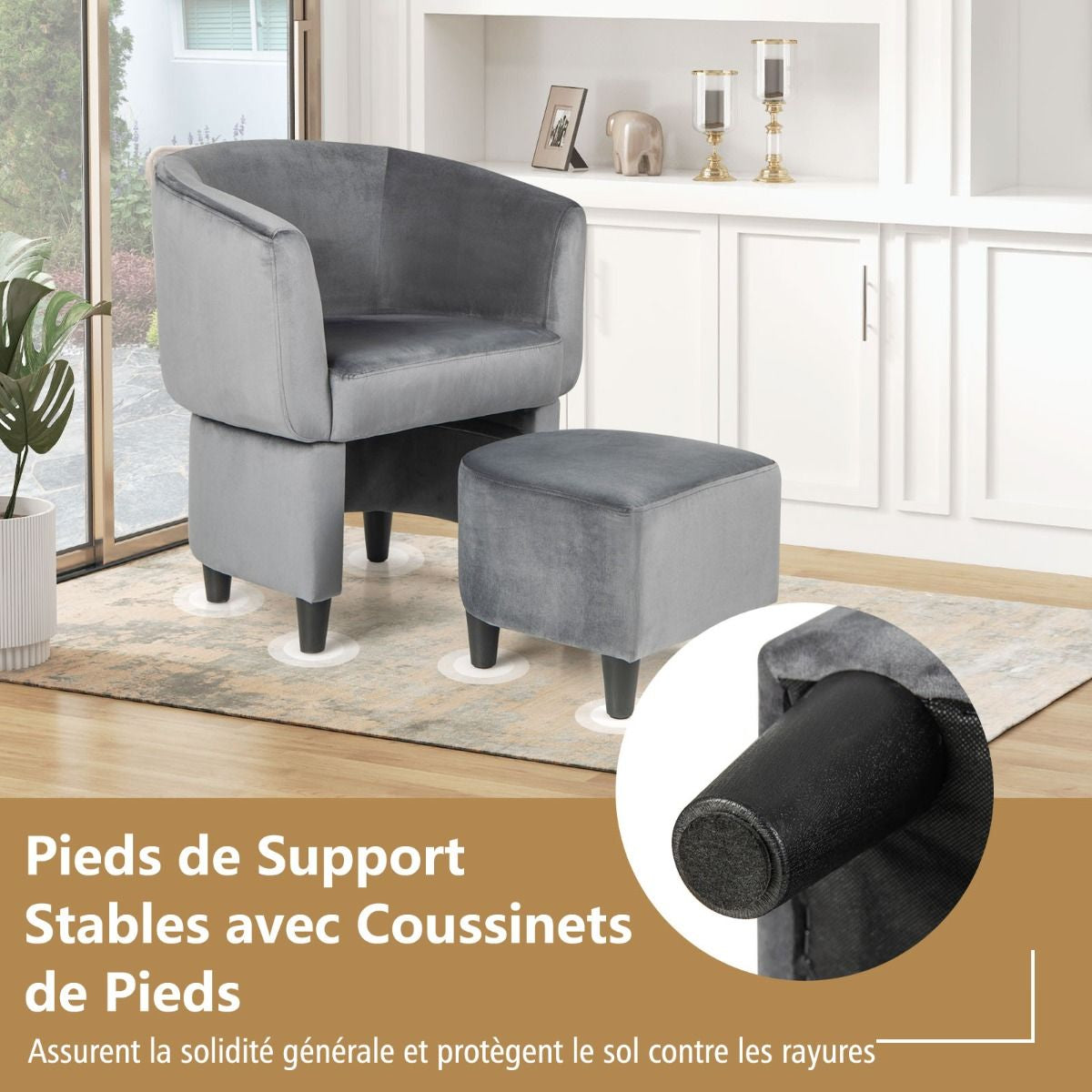 Fauteuil Tonneau Rembourré En Velours Avec Repose-Pieds Fauteuil D'Appoint Avec Pouf Cadre En Bois Massif Patins Beige/Gris