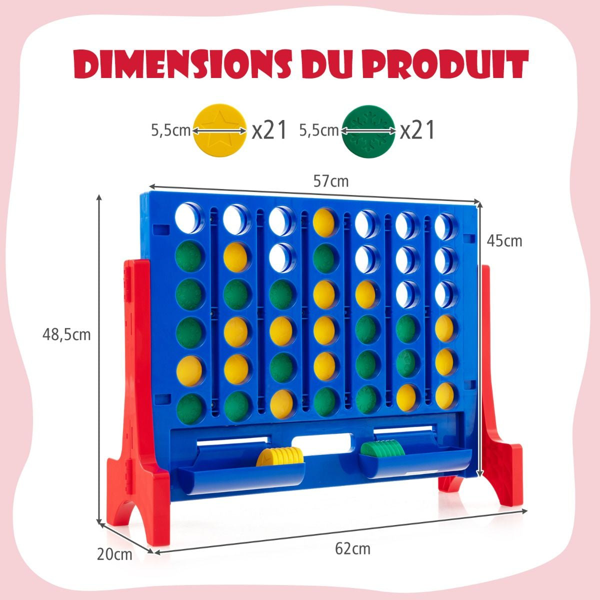Jeux Puissance 4 Géant Mural Avec 42 Jetons Jeu De Société Ludique & Éducatif Avec 2 Plateaux Utilisation 62X20X48,5Cm Bleu/Rouge
