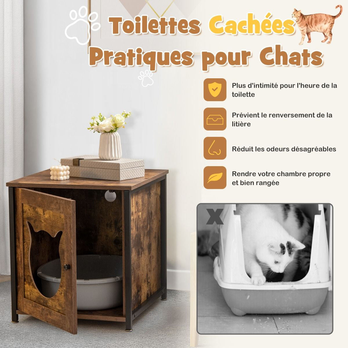 Meuble Litiere Chat Cadre En Métal Antirouille Industriel Maison De Toilette Chat Bonne Respirabilité 50X53X55 Cm