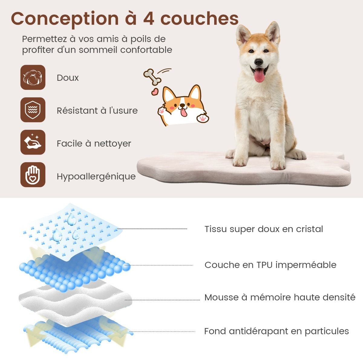 Grand Lit Pour Chien En Mousse À Mémoire Avec Housse Amovible Et Fond Antidérapant Coussin Orthopédique Pour Chien Beige