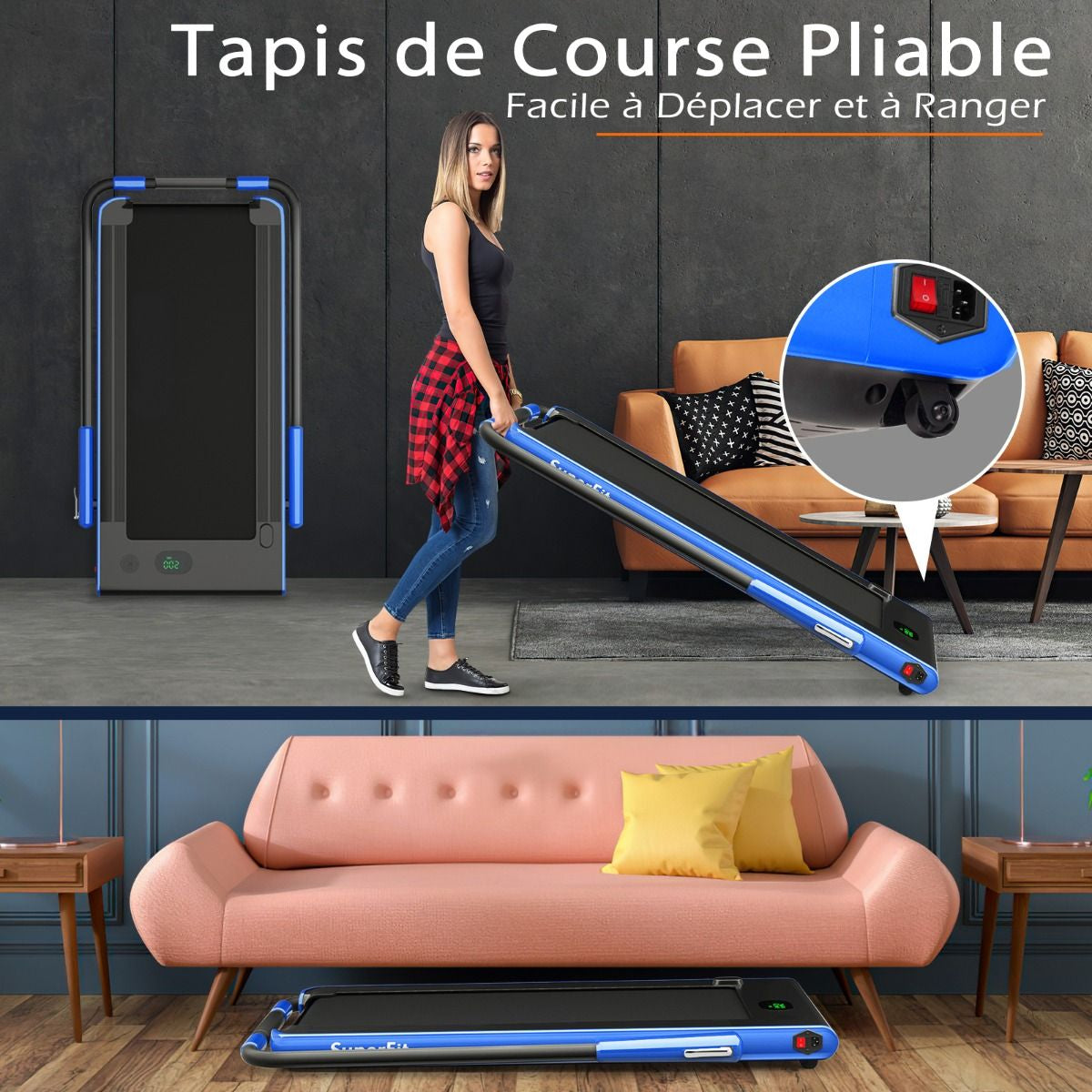 Tapis De Course Pliable 2 En 1 Tapis Roulant Électrique Motorisé 1-12 KM/H Avec Télécommande Écran LED 7 Couleurs Aux Choix