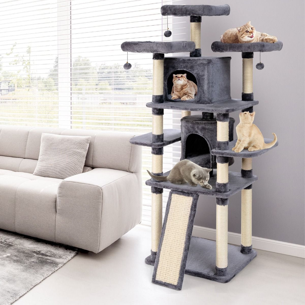Arbre À Chat Griffoir 60X50X170 Cm Avec Poteaux Planche À Gratter 3 Perchoirs En Peluche 2 Niches 3 Peluches Suspendues
