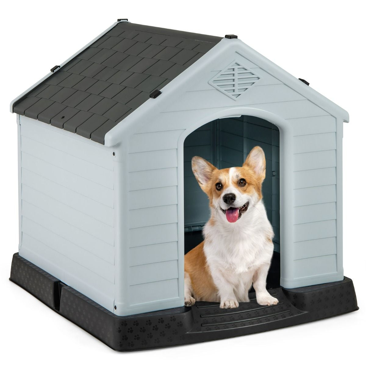 Niche Pour Chien En PP Avec Toit Bleu+Blanc Imperméable Et Ventilé-Bouche D’Aération Et Plancher Surélever 70X65X71,5Cm Taill S/M
