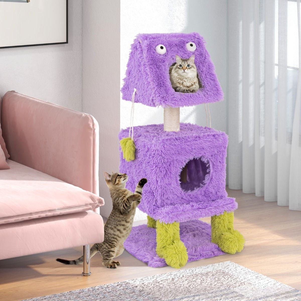 Arbre À Chat Originale Sur Le Thème Des Monstres Avec 2 Condos Privés Peluche Douce Griffoir En Sisal Jouets Suspendus Violet