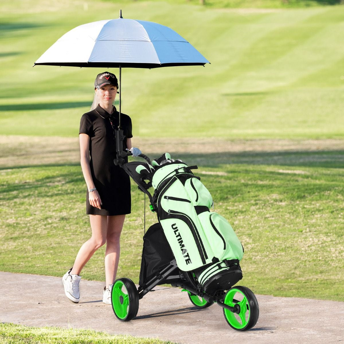Chariot De Golf Pliable À 3 Roues Sangle Elastique Porte-Parasol Réglable Et Porte-Gobelet Sac Recouvert D'Aluminium Bleu/Gris/Rouge/Vert