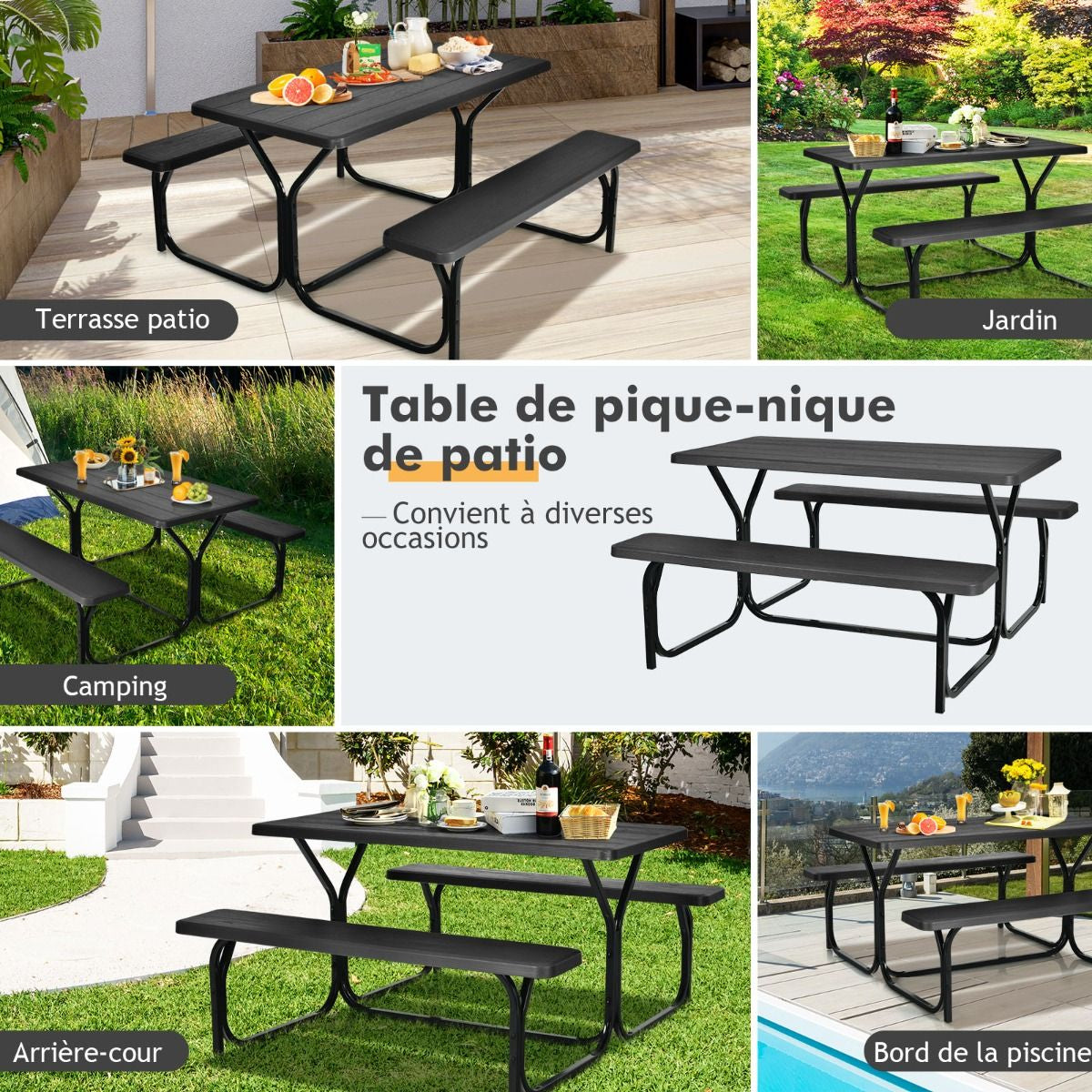 Table De Jardin Avec 2 Banc Table De Pique-Nique/Camping Pour 4 À 6 Personnes 137 X 150 X 71Cm Noir/Gris/Blanc
