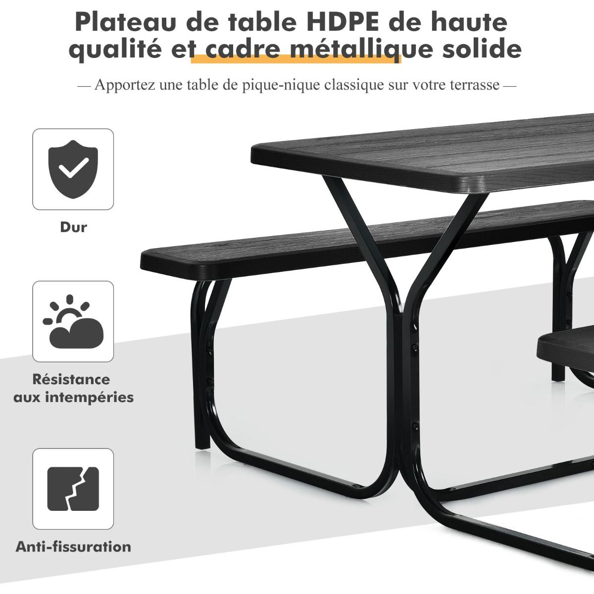 Table De Jardin Avec 2 Banc Table De Pique-Nique/Camping Pour 4 À 6 Personnes 137 X 150 X 71Cm Noir/Gris/Blanc