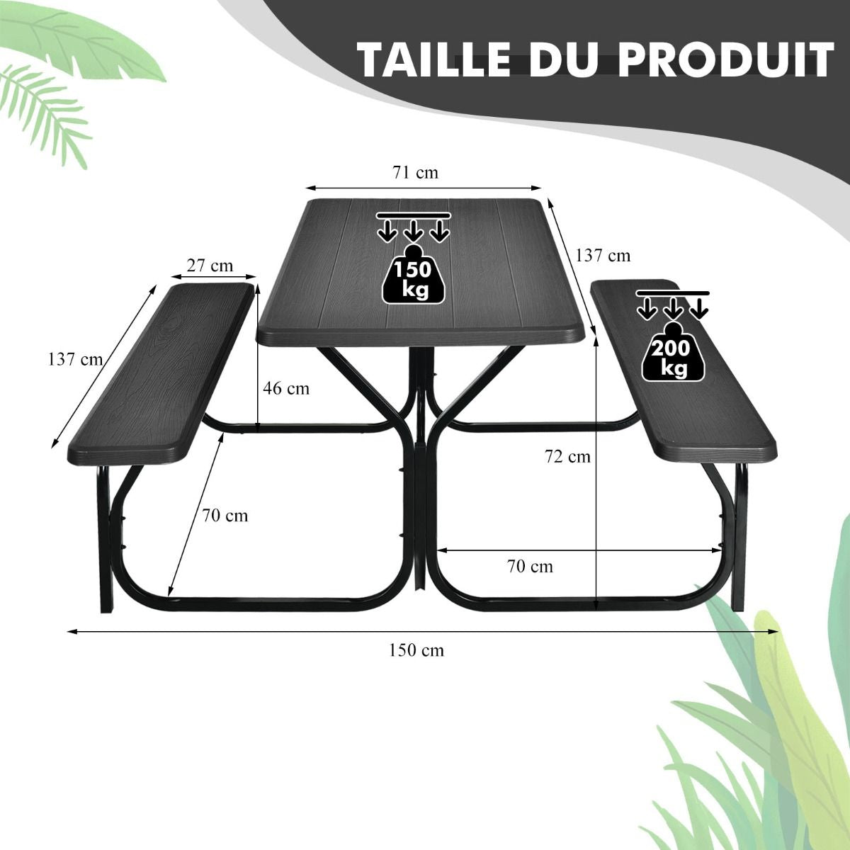 Table De Jardin Avec 2 Banc Table De Pique-Nique/Camping Pour 4 À 6 Personnes 137 X 150 X 71Cm Noir/Gris/Blanc
