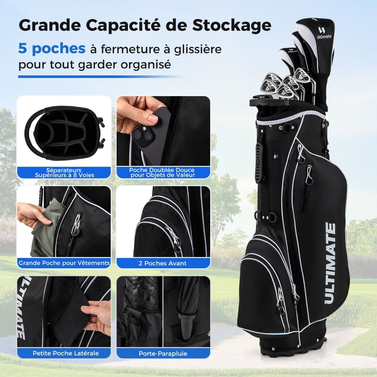 Ensemble De Clubs De Golf 9 Pièces Pour Débutant Avec Sac Trépied Conception Ergonomiqu En Métal Robuste Bleu/Gris/Noir