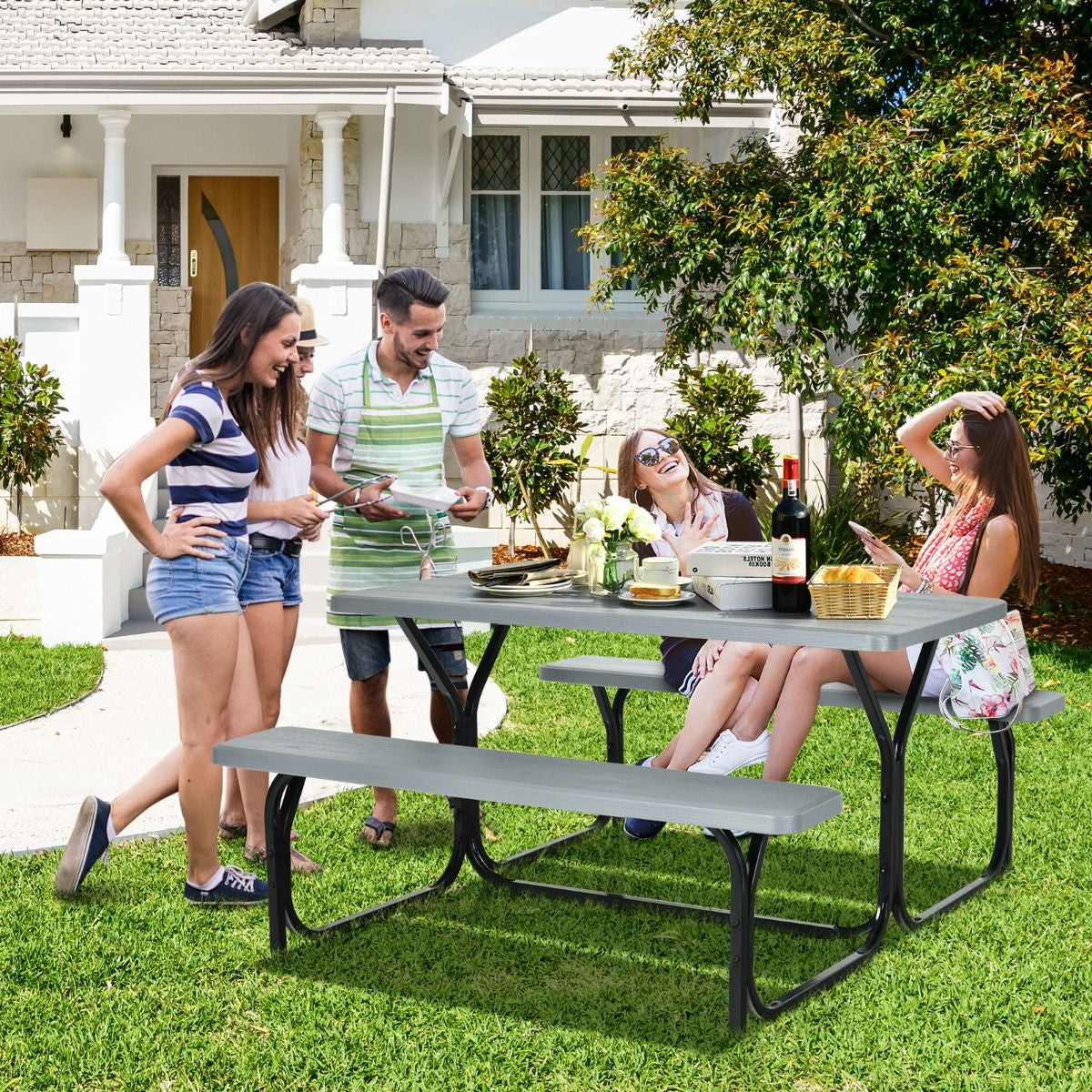 Table De Jardin Avec 2 Banc Table De Pique-Nique/Camping Pour 4 À 6 Personnes 137 X 150 X 71Cm Noir/Gris/Blanc