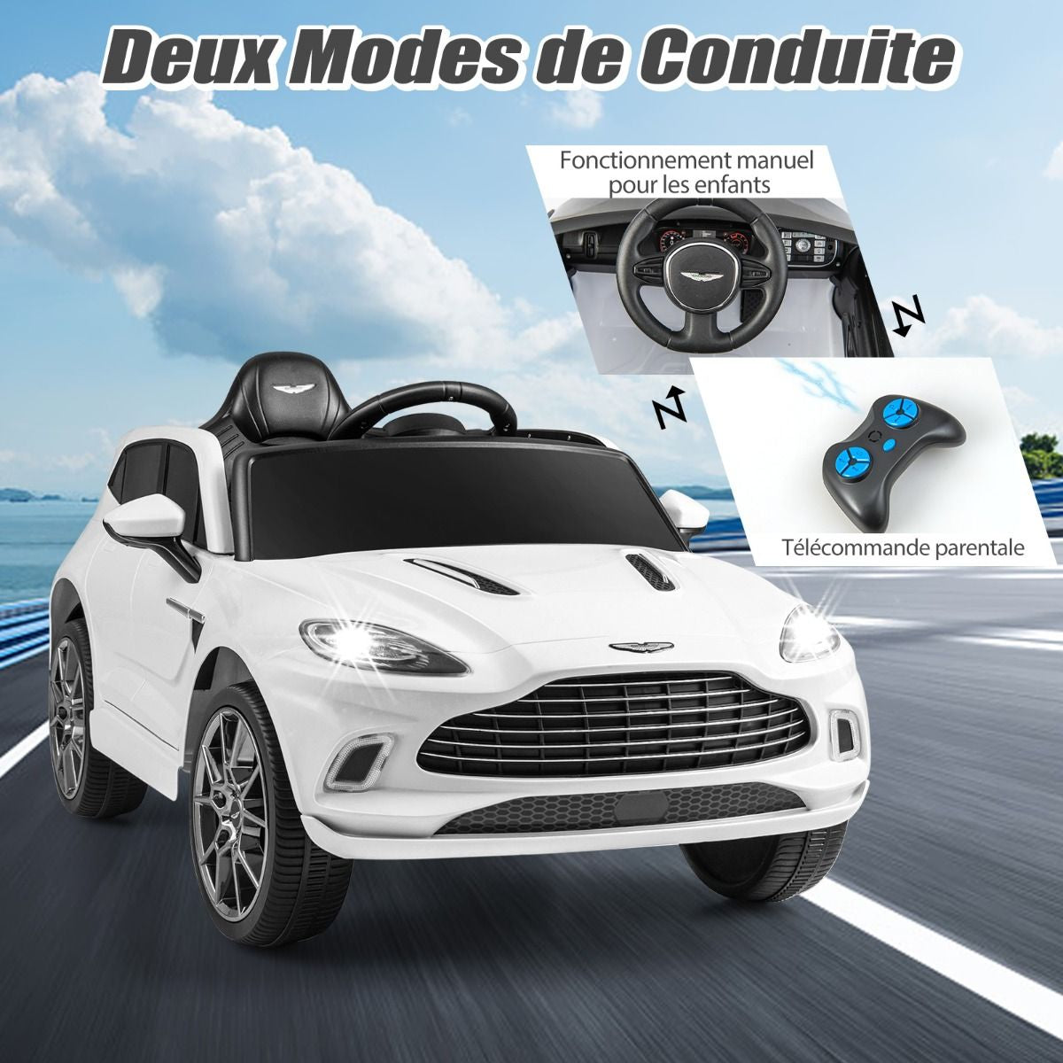 Aston Martin DBX Voiture Electrique 12V Enfants Avec Télécommande 2,4G Véhicule Moderne Avec Lumières LED Et Musique Pour 3-8 Ans Rose/Blanc