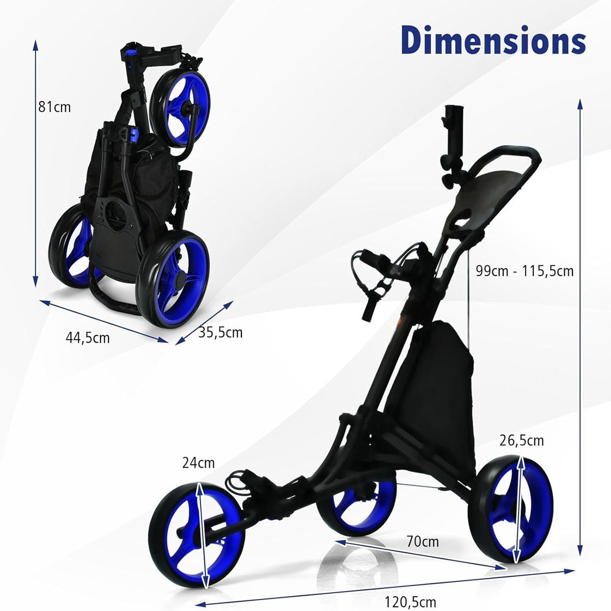 Chariot De Golf Pliable À 3 Roues Sangle Elastique Porte-Parasol Réglable Et Porte-Gobelet Sac Recouvert D'Aluminium Bleu/Gris/Rouge/Vert