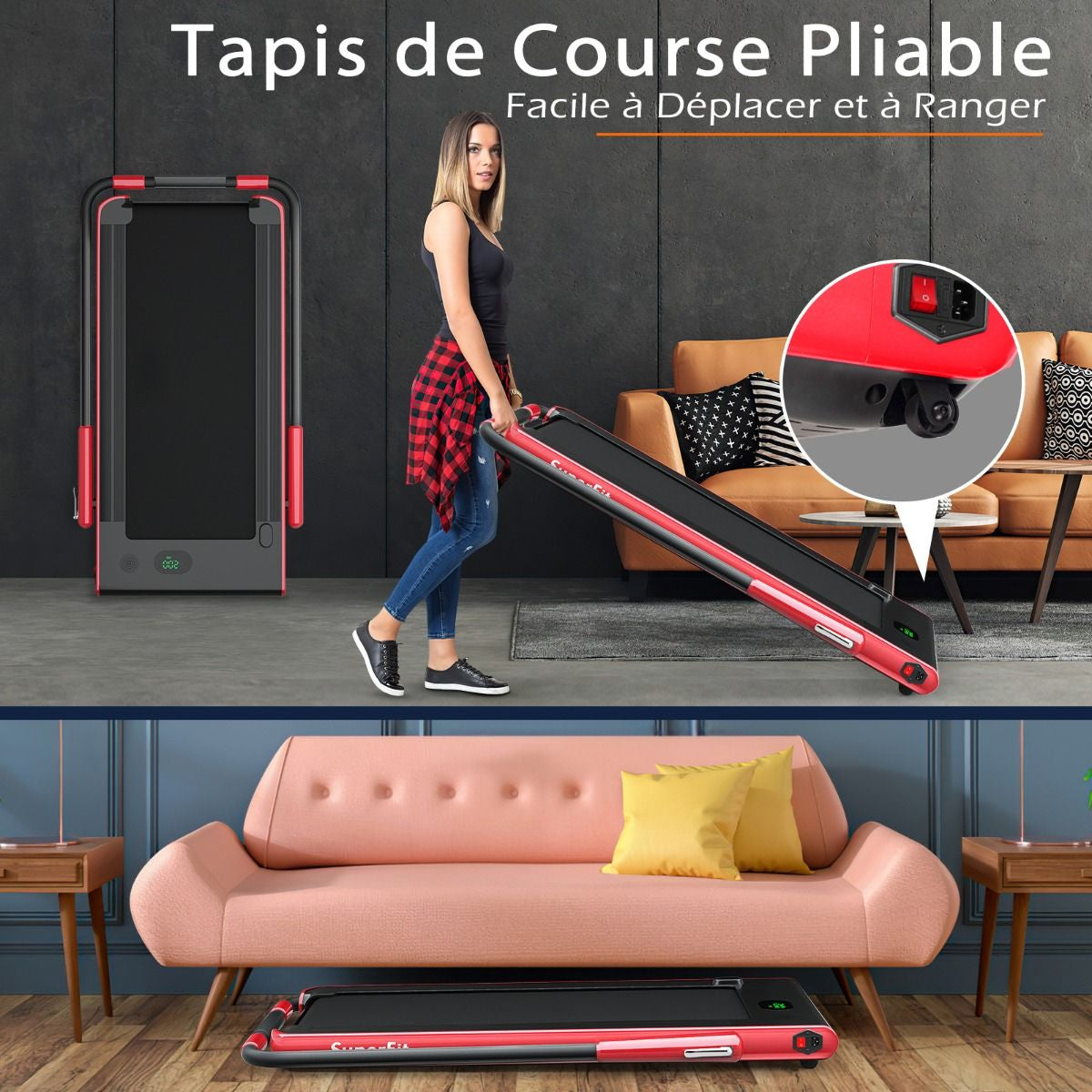 Tapis De Course Pliable 2 En 1 Tapis Roulant Électrique Motorisé 1-12 KM/H Avec Télécommande Écran LED 7 Couleurs Aux Choix