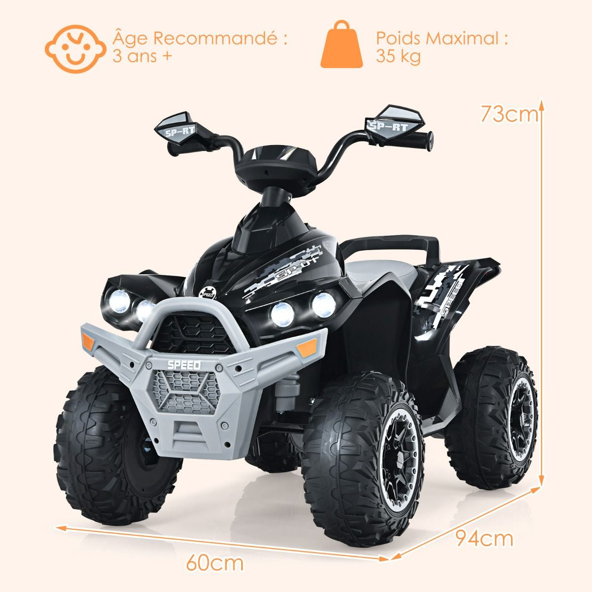 Quad Electrique Pour Enfants 12V7Ah LED Musique Pédale Klaxon 3-4 Km/H Pour Enfants De 3 À 8 Ans Rose/Bleu/Violet/Noir