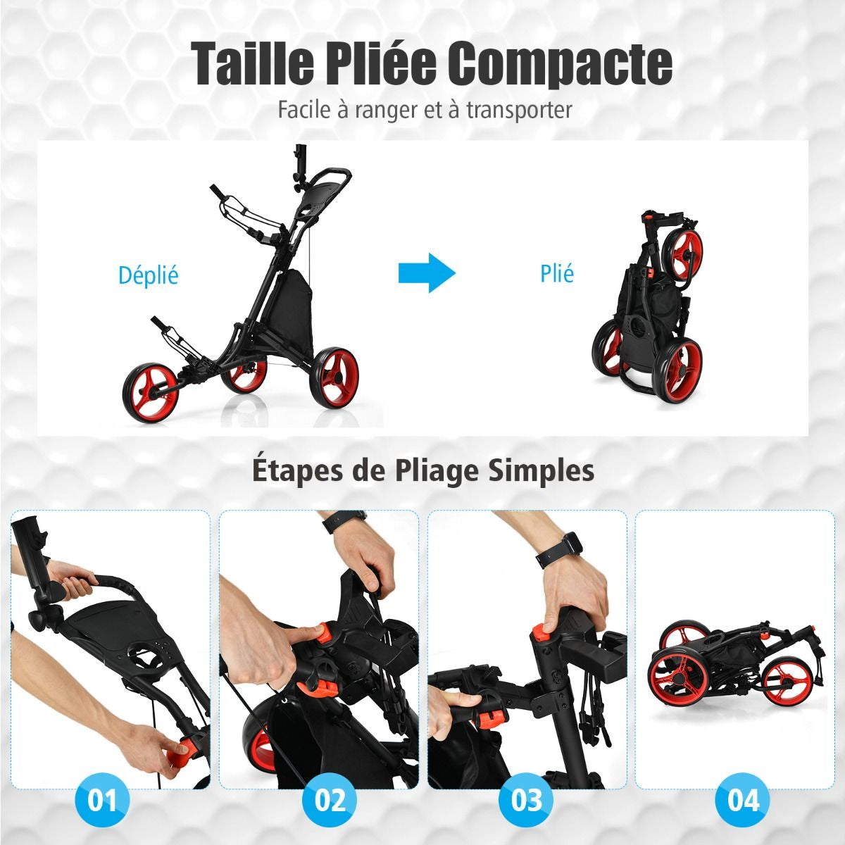 Chariot De Golf Pliable À 3 Roues Sangle Elastique Porte-Parasol Réglable Et Porte-Gobelet Sac Recouvert D'Aluminium Bleu/Gris/Rouge/Vert